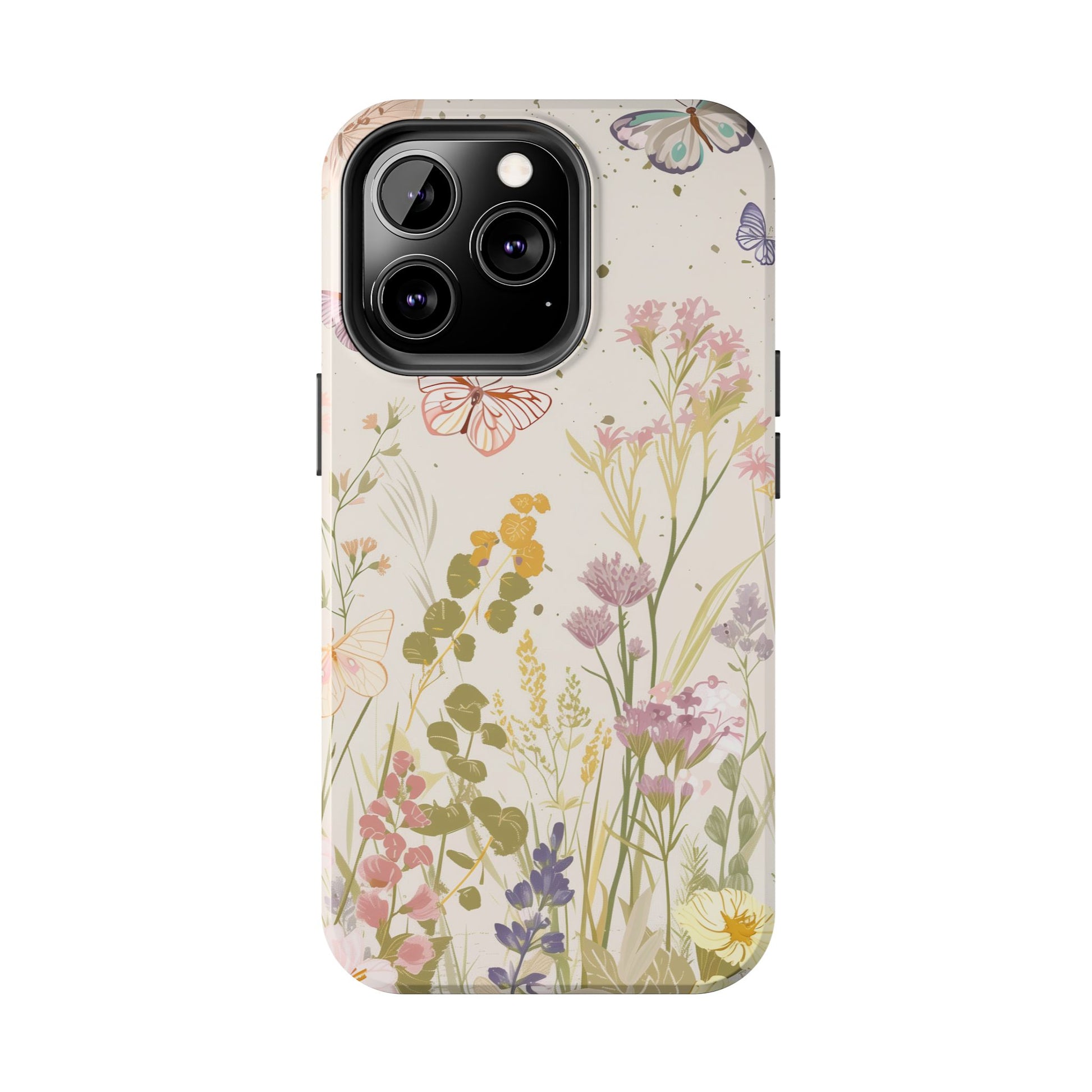 Butterfly Meadow Scene Cottagecore iPhone 15, Pastel Wildflowers & Butterflies, Natural iPhone Case, Cottagecore Garden Case, iPhone 14
