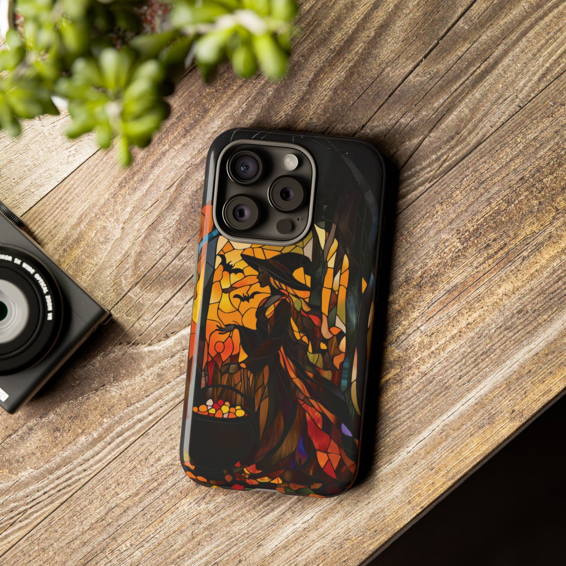 Halloween Witch Stained Glass Effect Dark Academia Spooky Fall Witchy Pumpkin Bats Seasonal Fall Mosaic Case iPhone 13 14 15 16 Pro Max