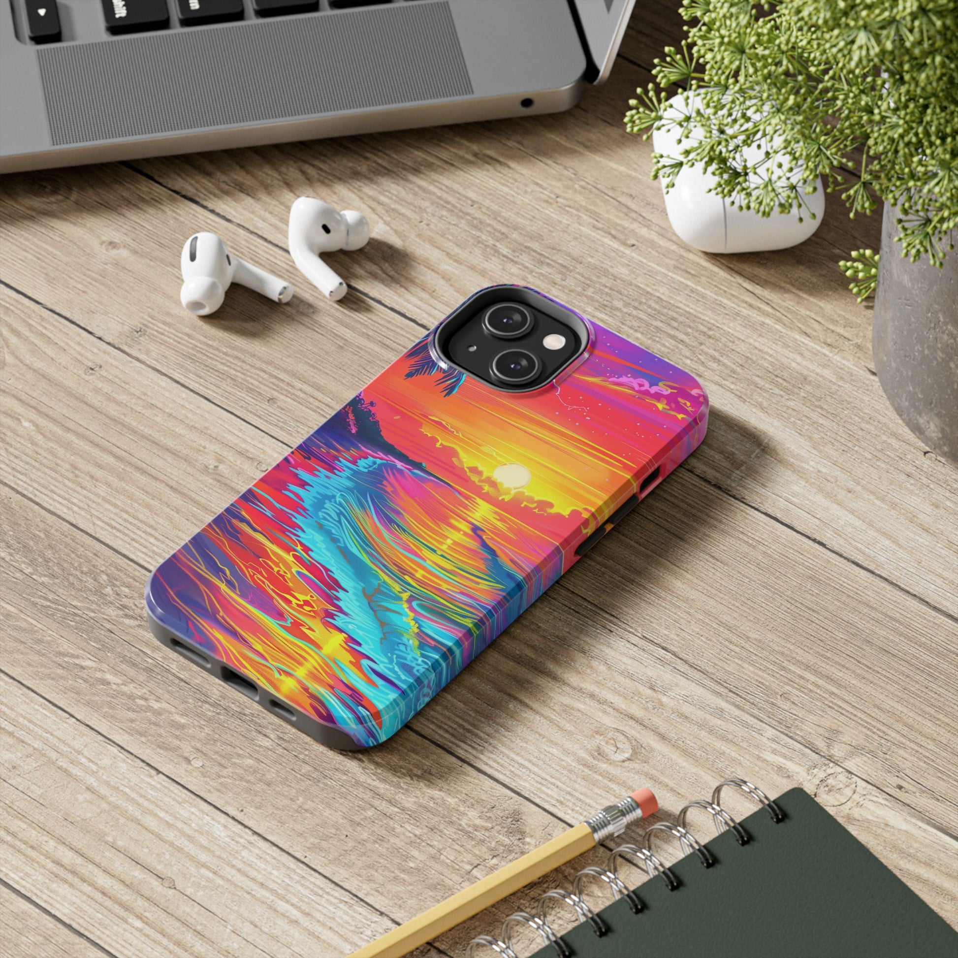 Tough Beach Sunrise Phone Case - Durable Case Lisa Frank Inspired Beach Art - Vibrant Beach Design - Colorful Phone Case for Beach Lovers