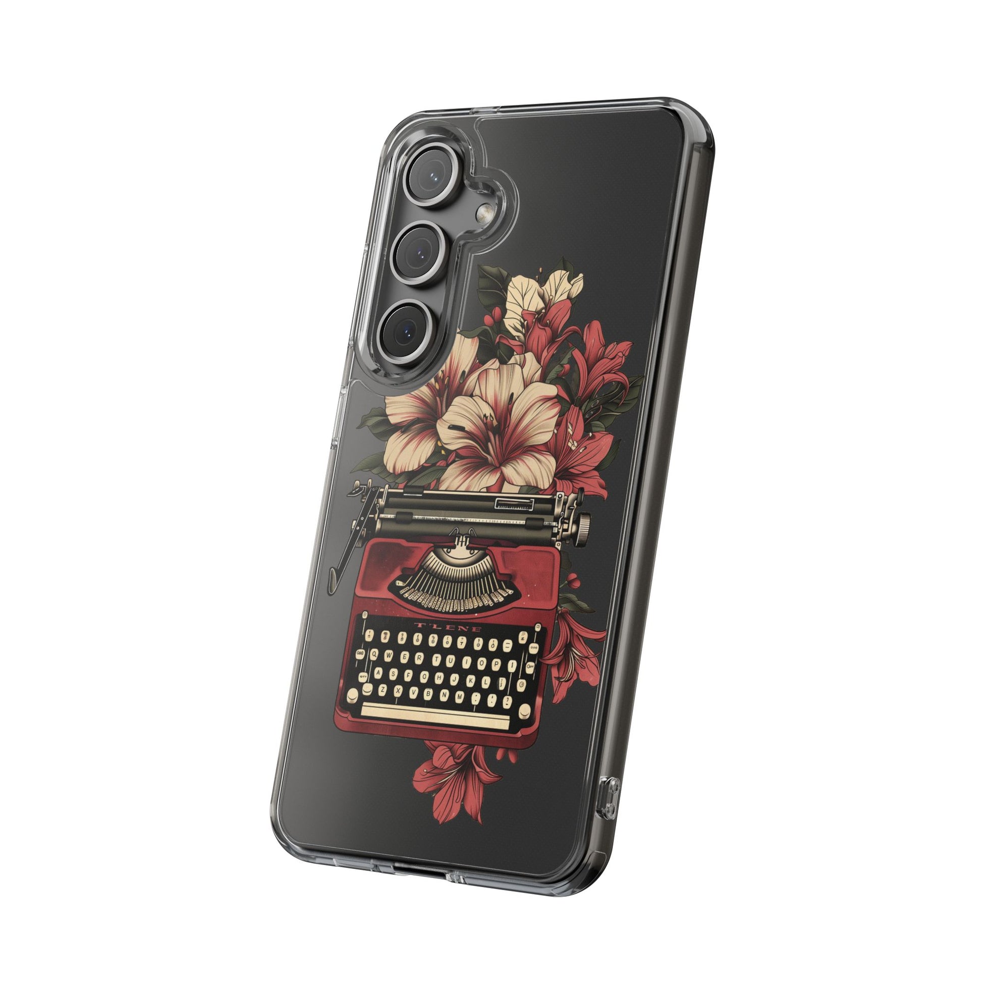 Dark Academia Clear Phone Case Vintage Typewriter Floral Accents Cottagecore Typography Nostalgic Typewriter iPhone 13 14 15 16 Pro Max