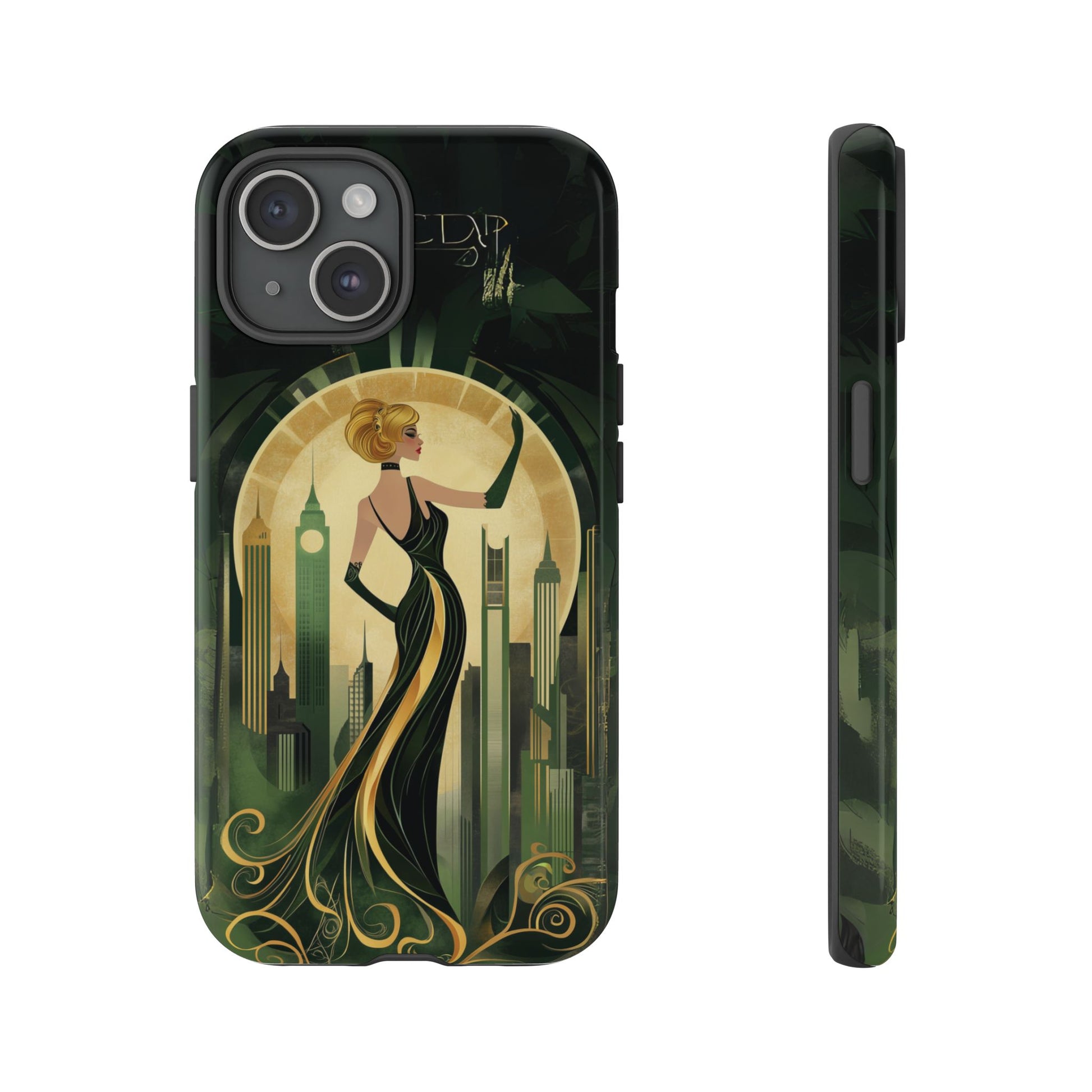 Emerald City Art Deco Flapper Woman Phone Case 1920s Art Nouveau Design in Emerald & Gold Alphonse Mucha Style Gatsby Style Poster