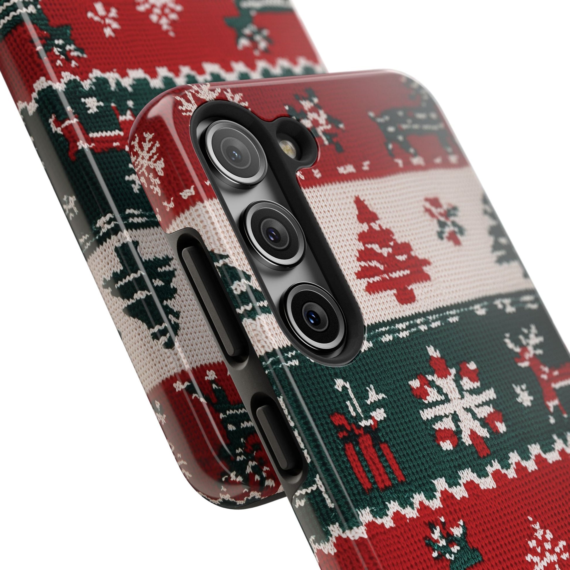Ugly Christmas Sweater Phone Case Festive 3D Knit Textured Red White Green Holiday Knit Design Tree Reindeer iPhone 13 14 15 16 Pro Max