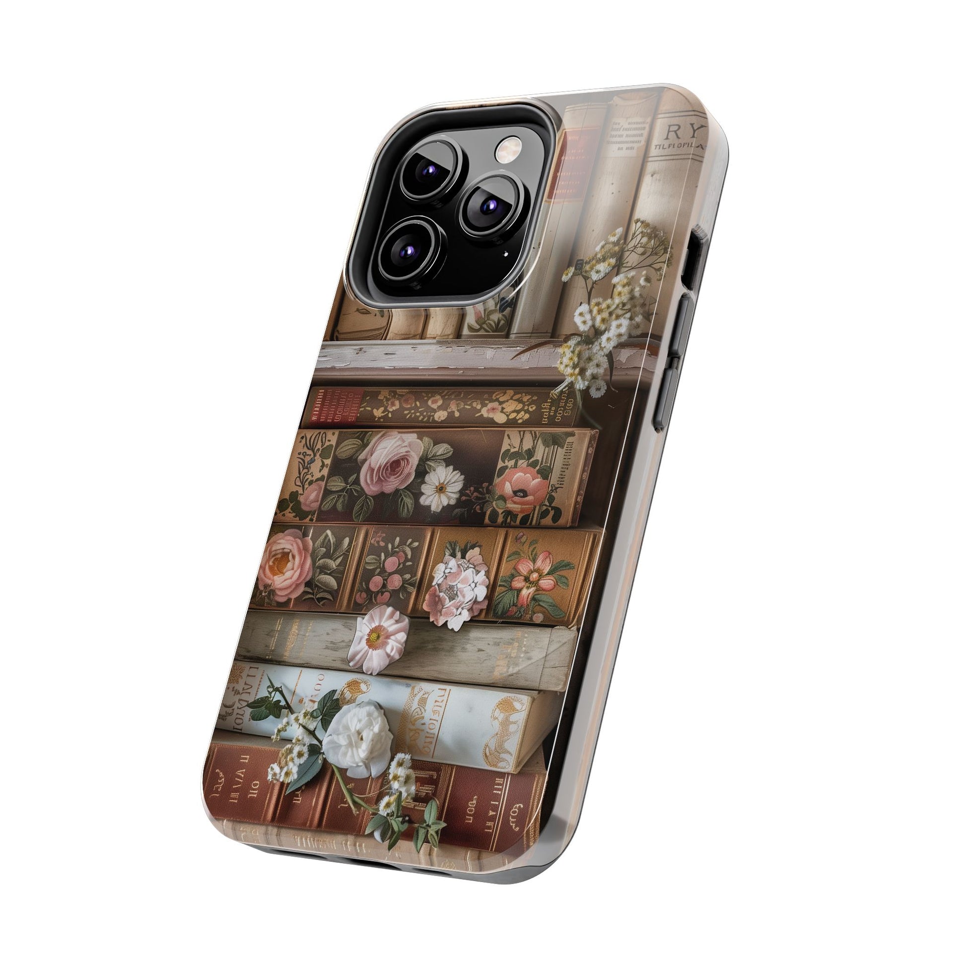 Vintage Book Stack Cottagecore Phone Case, Books with Floral Decor, Leather & Cloth Fliral iPhone Case, Pastel Roses Daisies Wildflowers
