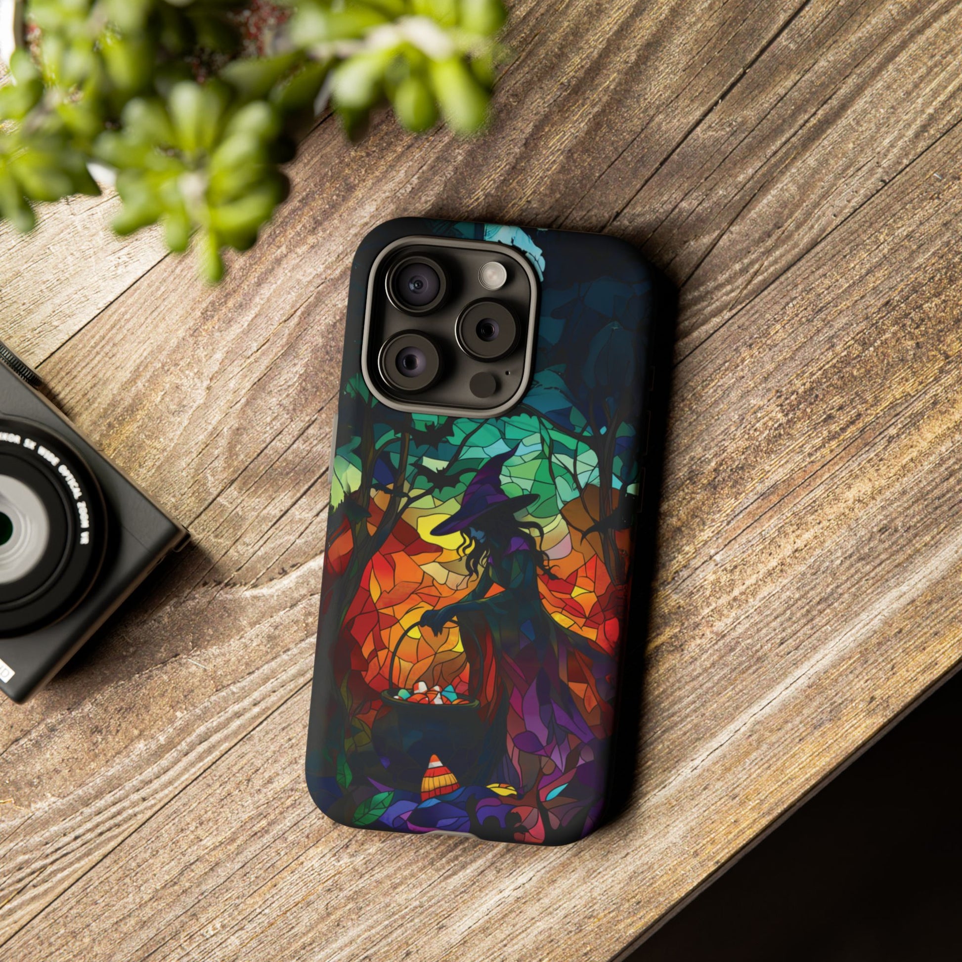 Halloween Witch Stained Glass Dark Academia Spooky Fall Witchy Pumpkin Bats Seasonal Fall Mosaic Case iPhone 13 14 15 16 Pro Max