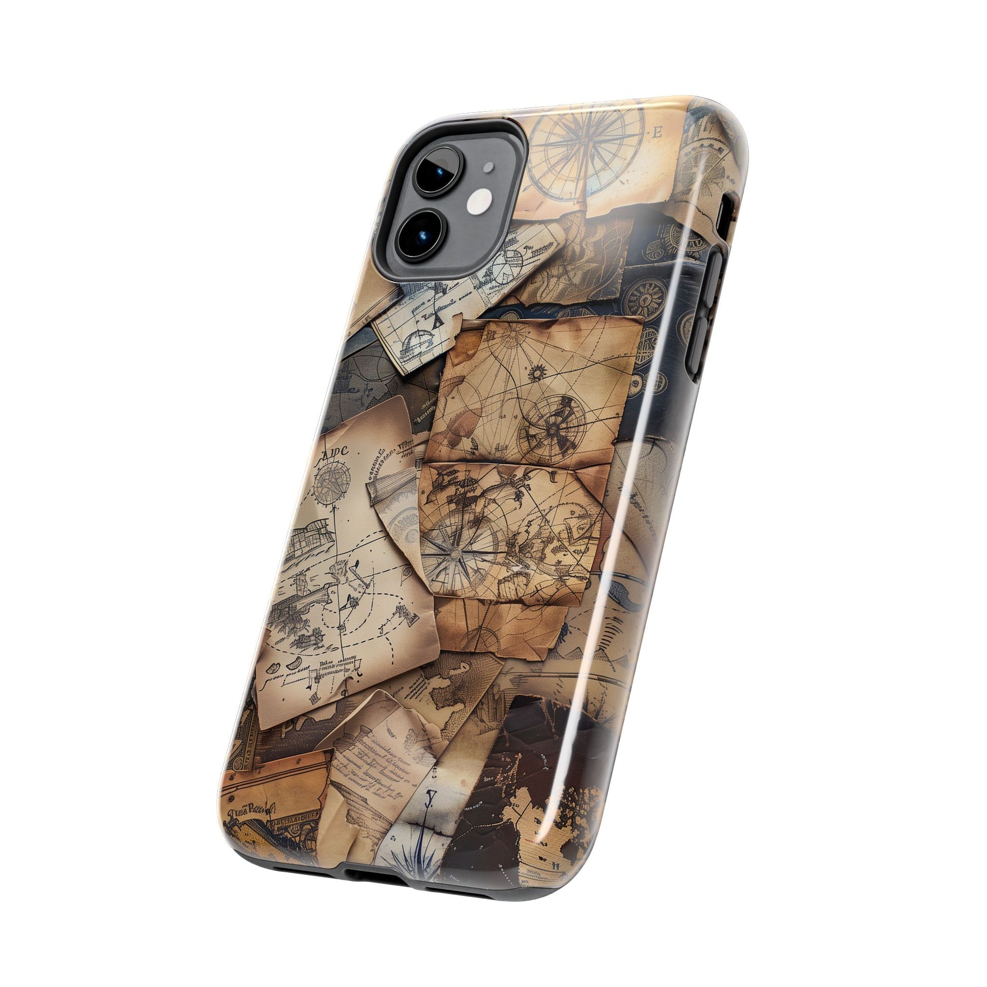 Double Layer Adventure Phone Case - Protective Phone Case Vintage Map and Compass Design - Dual Layer Case with Map Print
