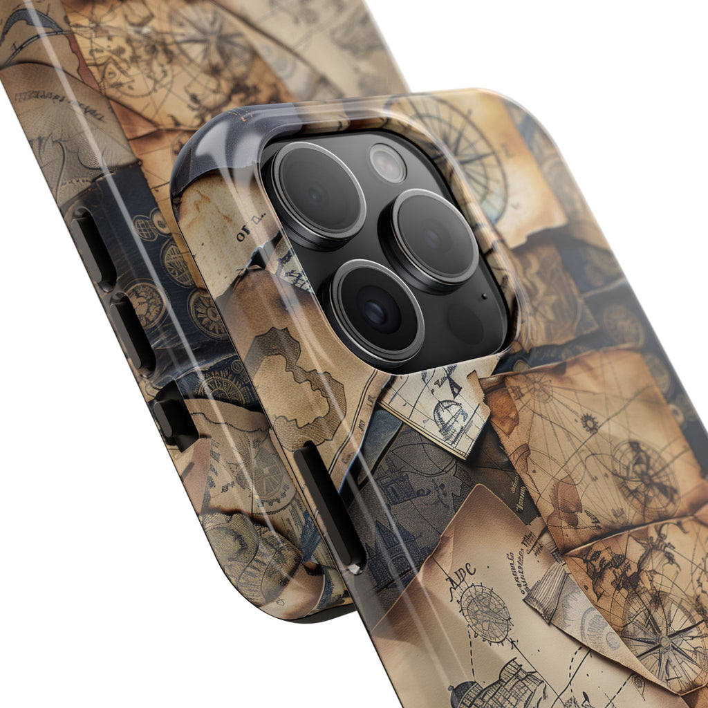 Double Layer Adventure Phone Case - Protective Phone Case Vintage Map and Compass Design - Dual Layer Case with Map Print