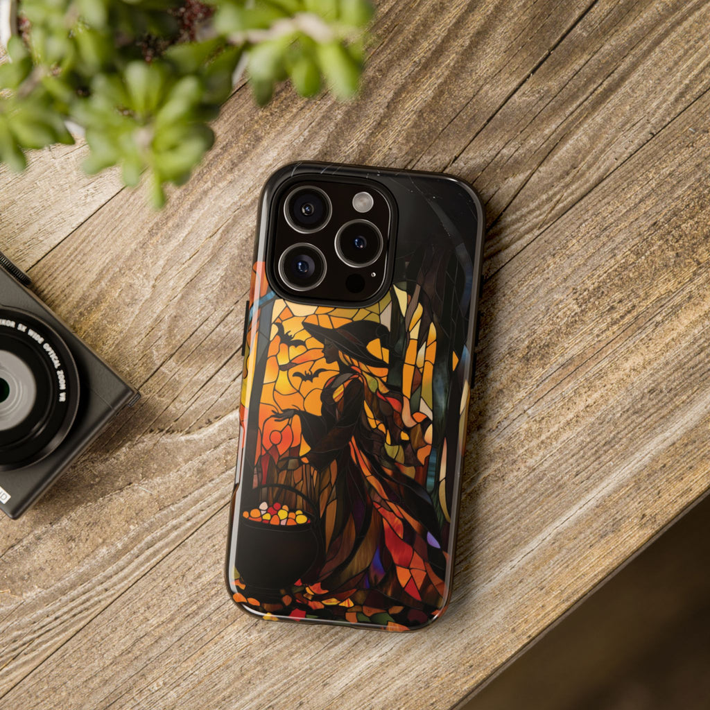 Halloween Witch Stained Glass Effect Dark Academia Spooky Fall Witchy Pumpkin Bats Seasonal Fall Mosaic Case iPhone 13 14 15 16 Pro Max