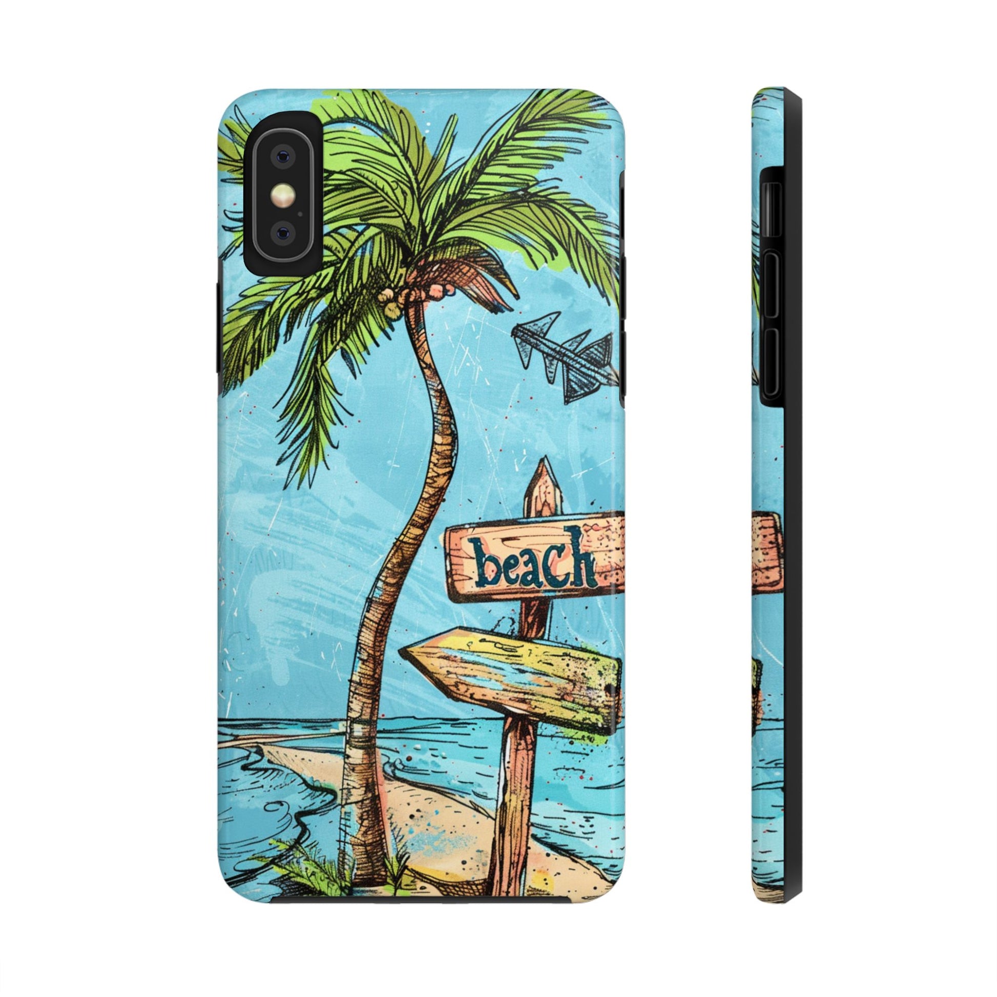 Whimsical Beach and Palm Tree Phone Case - Vibrant Colored Protective Cover for most iPhone Models, Perfect for Beach Lovers