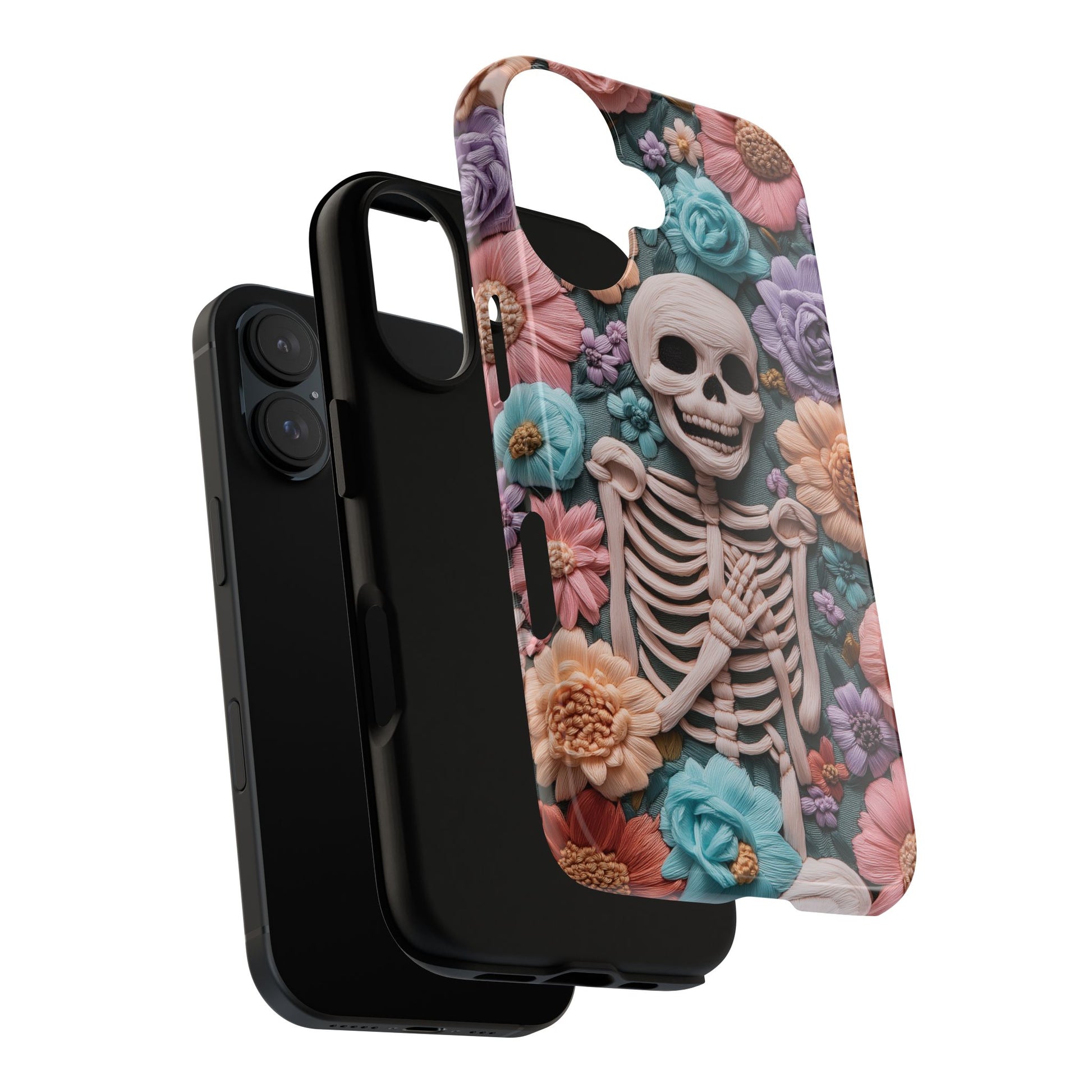 Embroidered Skeleton Gothic Cottagecore Halloween Phone Case 3D Look Flowers Pastel Custom 13 14 15 16 Pro Max Plus Galaxy Pixel