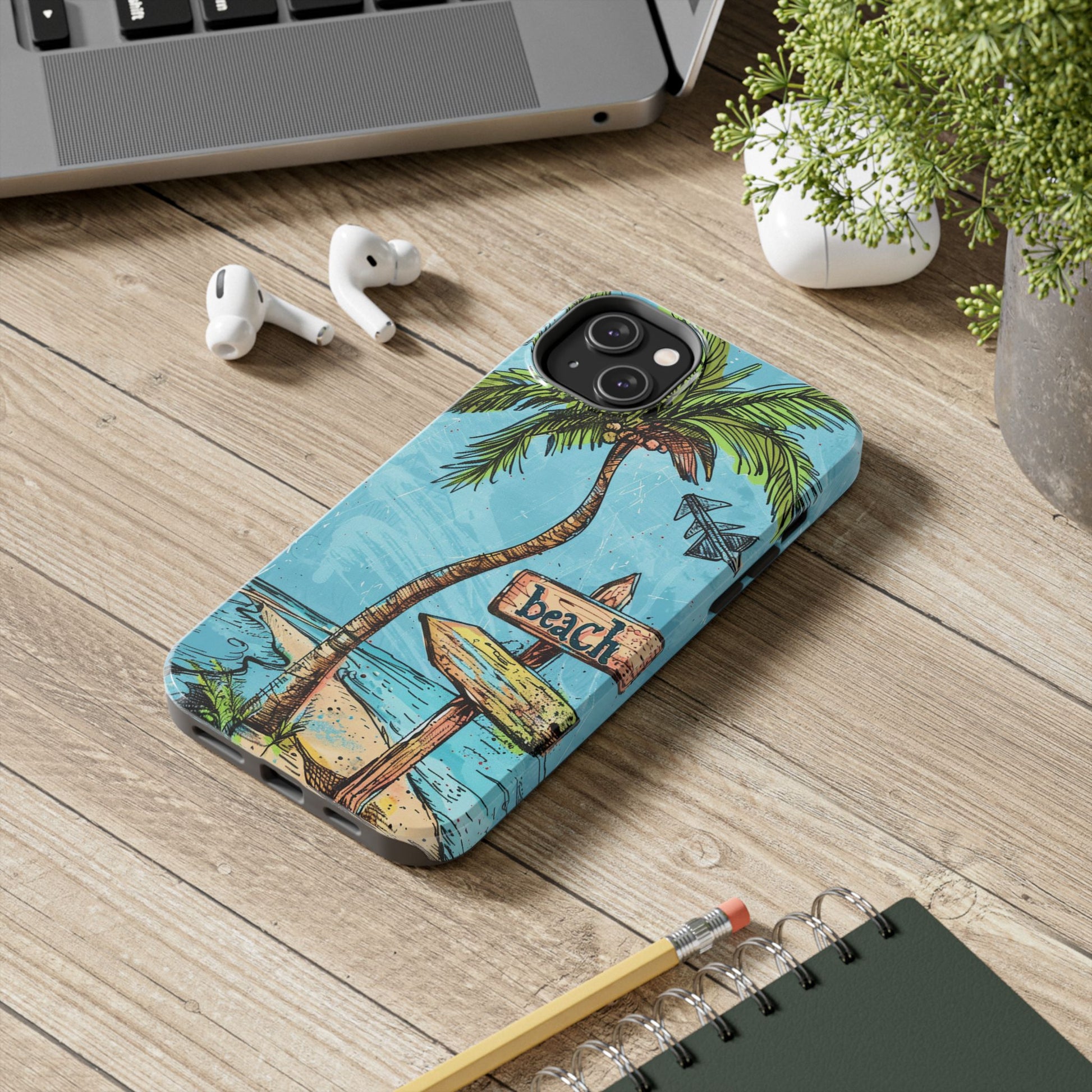 Whimsical Beach and Palm Tree Phone Case - Vibrant Colored Protective Cover for most iPhone Models, Perfect for Beach Lovers