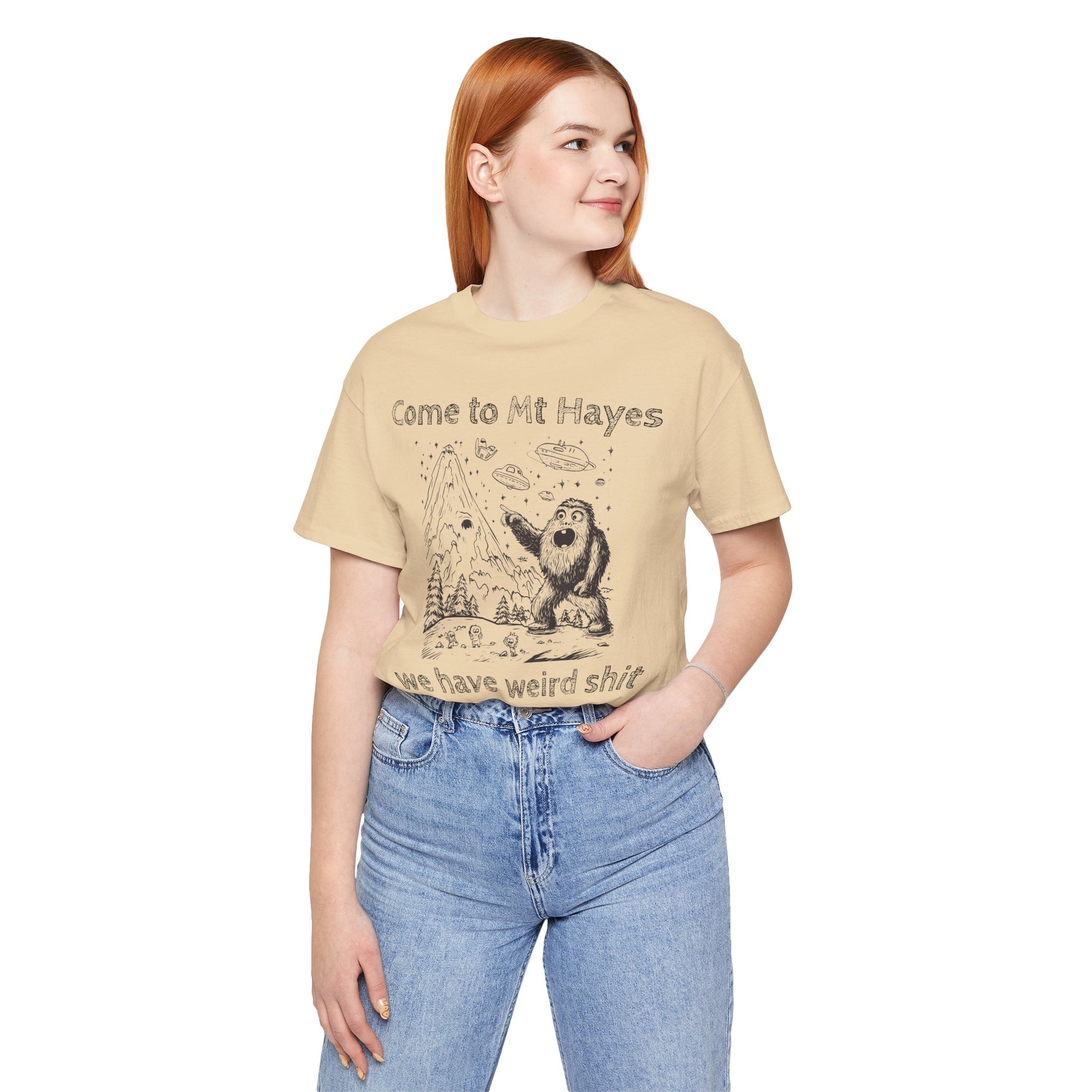 Alien Conspiracy Unisex Tee, Bigfoot Mountain Sketch Shirt, UFO Weird Stuff Tshirt, California Men's Top, Space Extraterrestrial Shirt