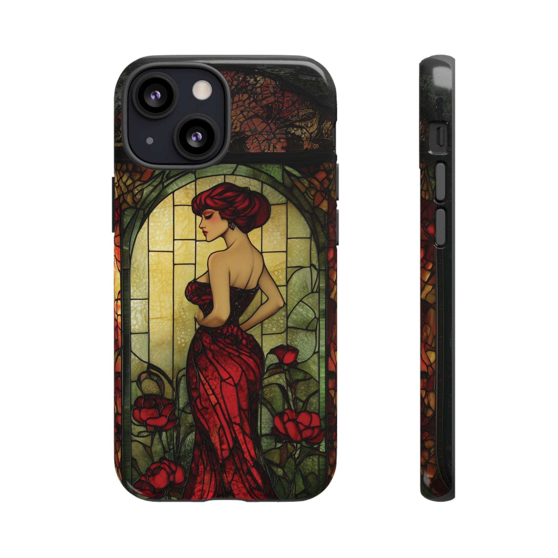 Art Deco Flapper Woman Rose Phone Case 1920s Art Nouveau Design in Red Stained Glass Alphonse Mucha Style Gatsby Style Poster