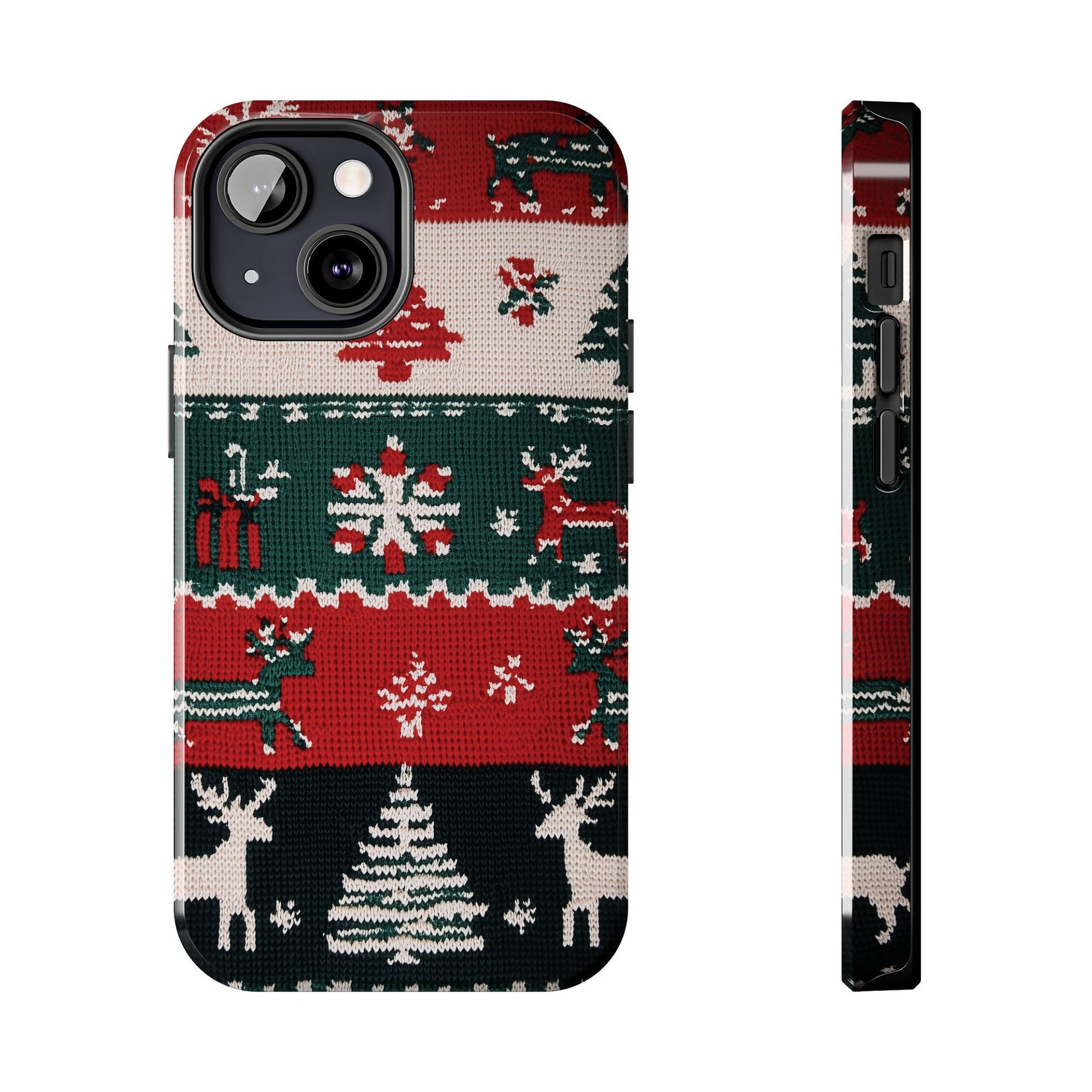 Ugly Christmas Sweater Phone Case Festive 3D Knit Textured Red White Green Holiday Knit Design Tree Reindeer iPhone 13 14 15 16 Pro Max
