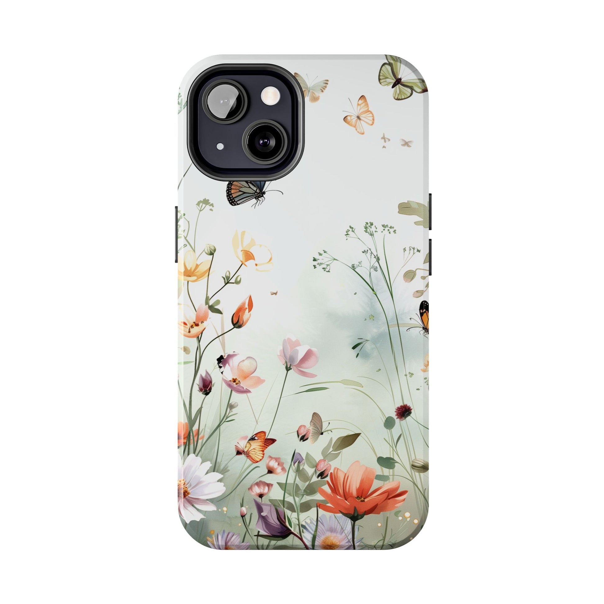 Butterfly Meadow Scene Cottagecore iPhone 15, Pastel Wildflowers & Butterflies, Natural iPhone Case, Cottagecore Garden Case, iPhone 14