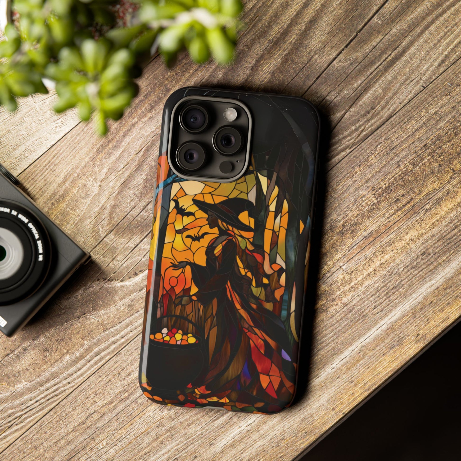 Halloween Witch Stained Glass Effect Dark Academia Spooky Fall Witchy Pumpkin Bats Seasonal Fall Mosaic Case iPhone 13 14 15 16 Pro Max