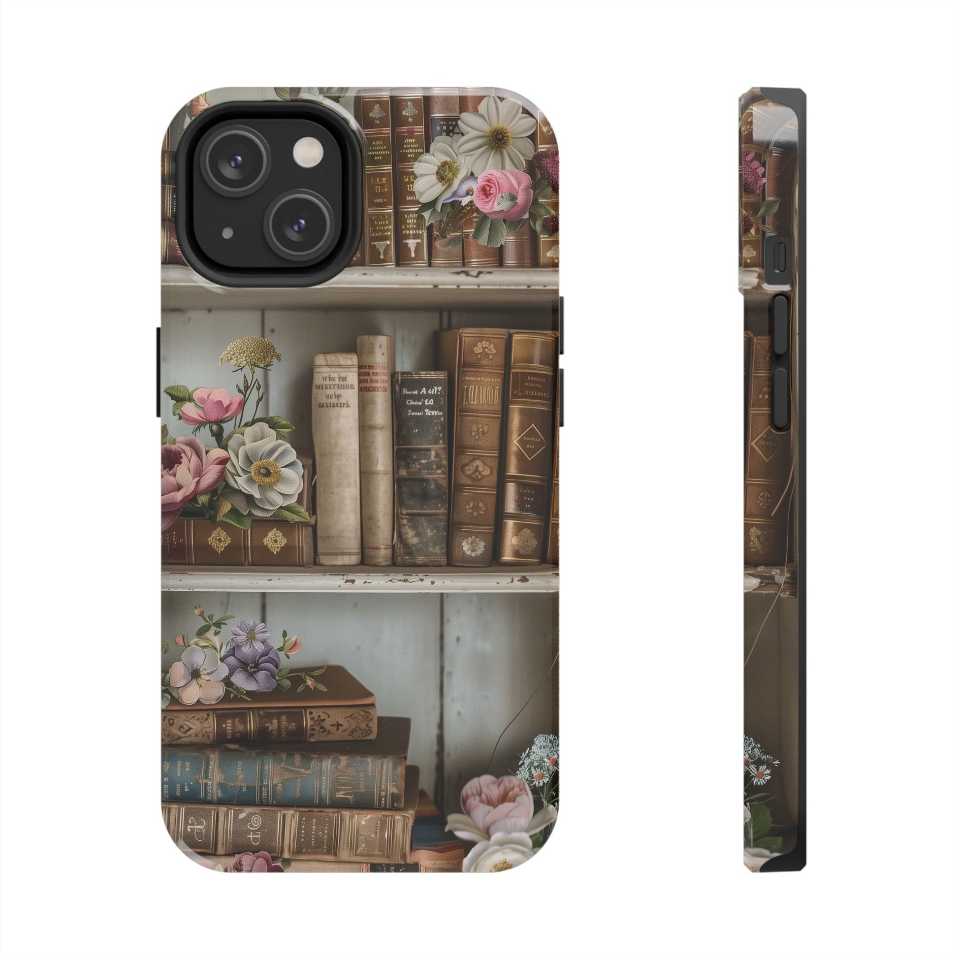 Vintage Book Stack Cottagecore Phone Case, Books with Floral Decor, Leather & Cloth Fliral iPhone Case, Pastel Roses Daisies Wildflowers