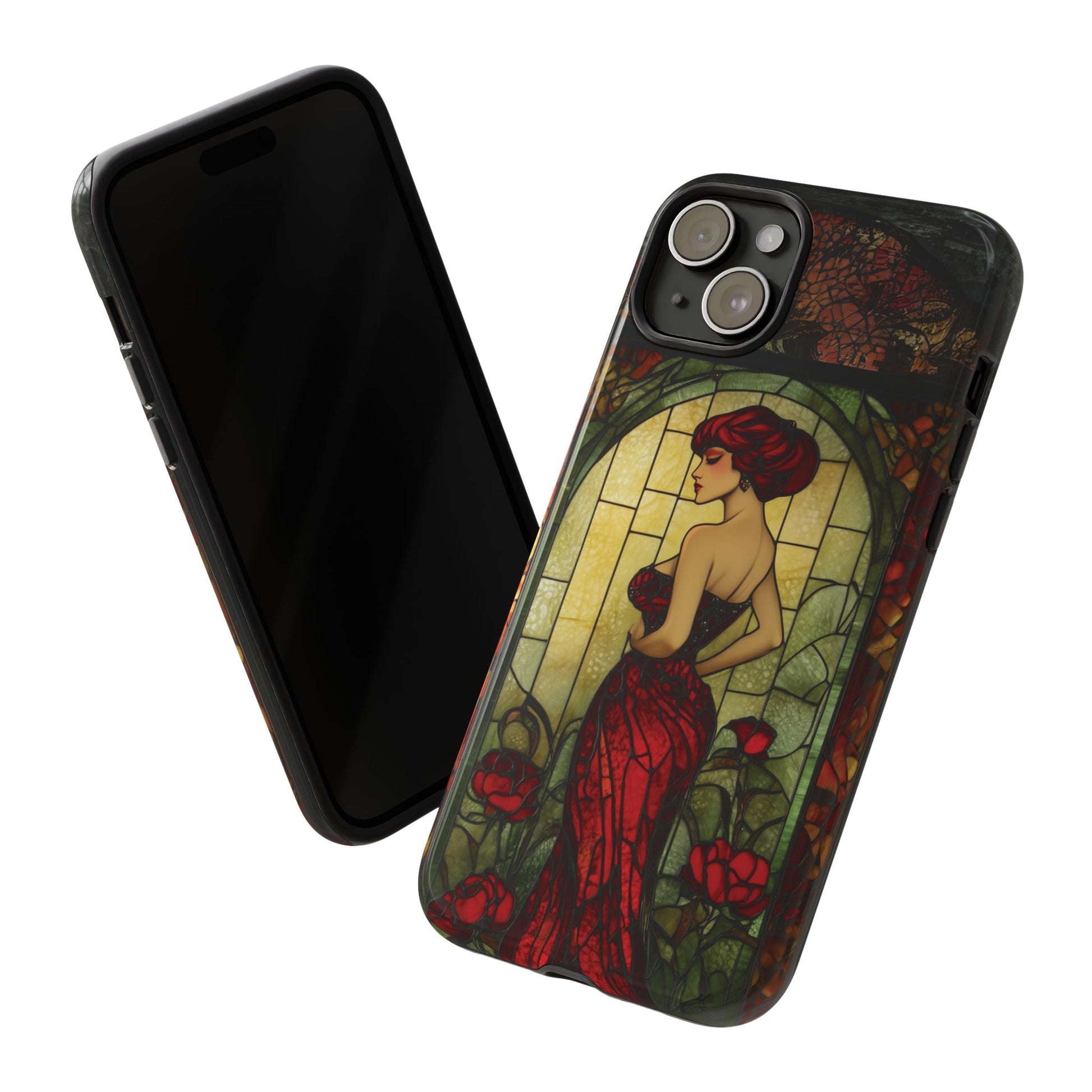 Art Deco Flapper Woman Rose Phone Case 1920s Art Nouveau Design in Red Stained Glass Alphonse Mucha Style Gatsby Style Poster