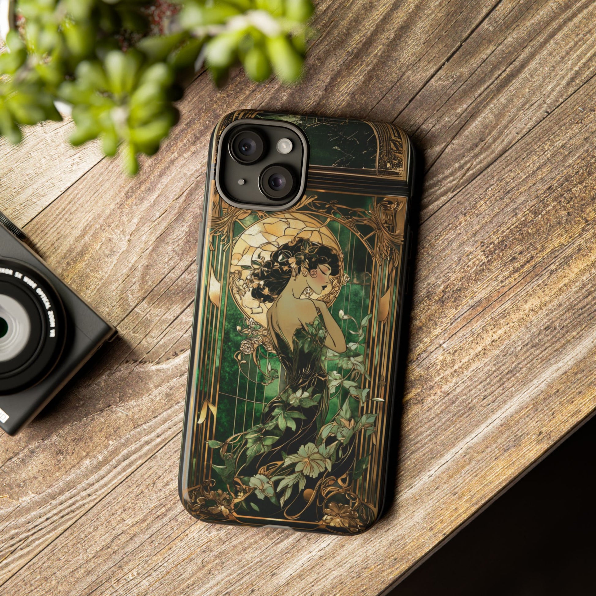 Art Deco Fairy Flapper Woman Phone Case 1920s Art Nouveau Design in Emerald & Gold Alphonse Mucha Style Gatsby Style Poster