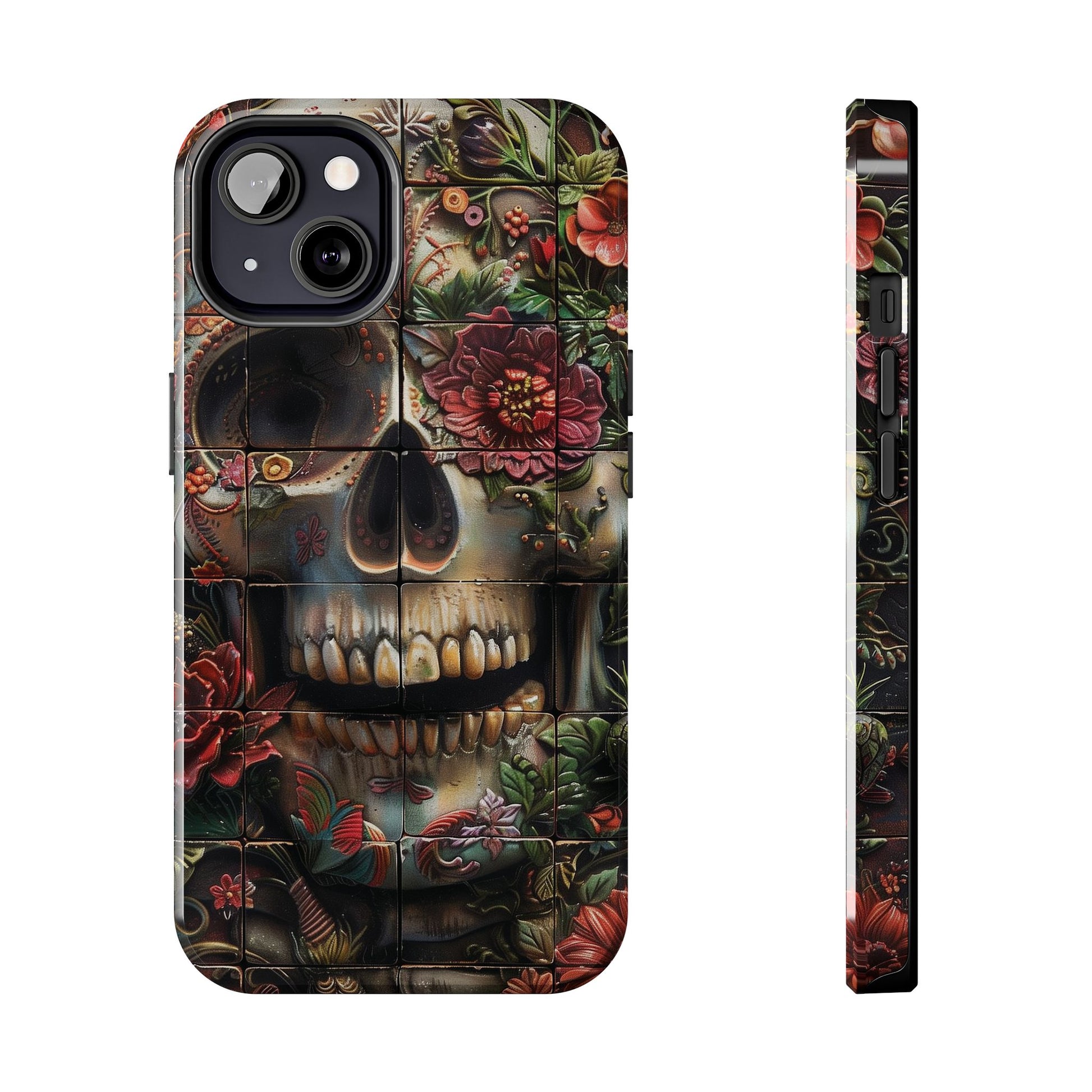 Sugar Skull Phone Case Flowers and Skeletons, Halloween Cottagecore Day of the Dead, Dia de Los Muertos Gothic, iPhone 15 Spooky Case