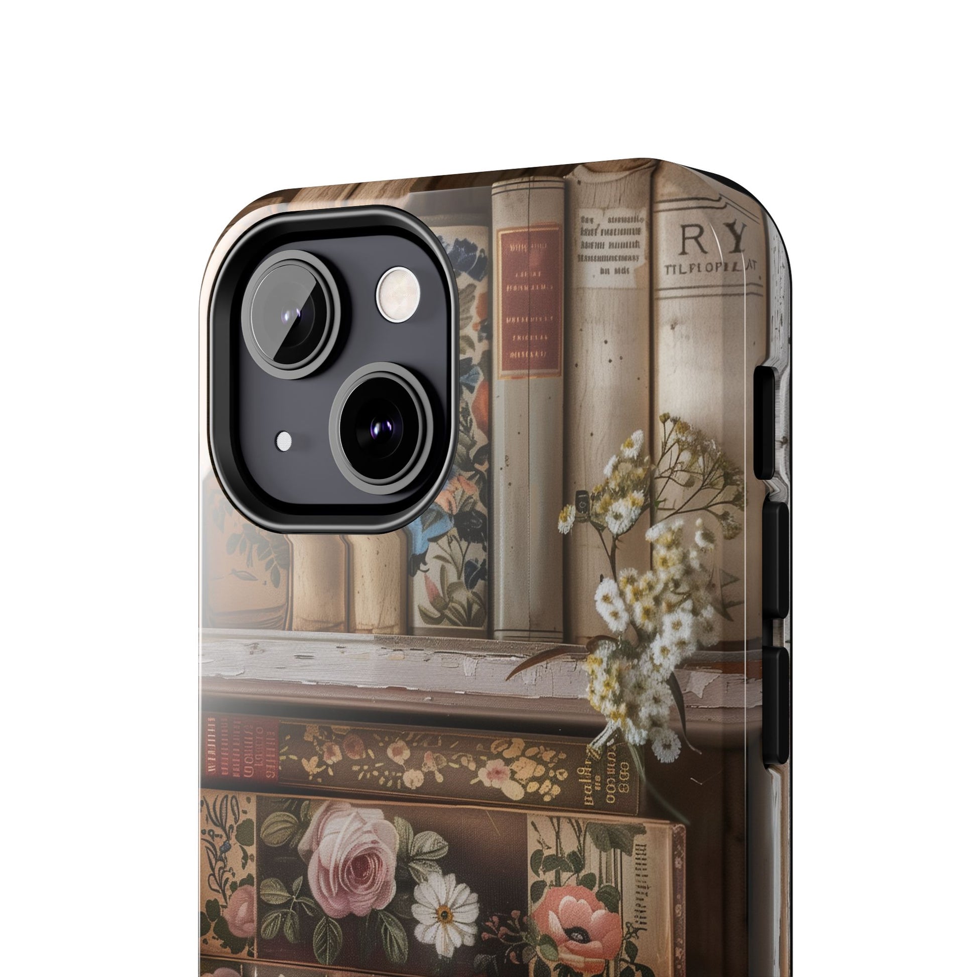 Vintage Book Stack Cottagecore Phone Case, Books with Floral Decor, Leather & Cloth Fliral iPhone Case, Pastel Roses Daisies Wildflowers