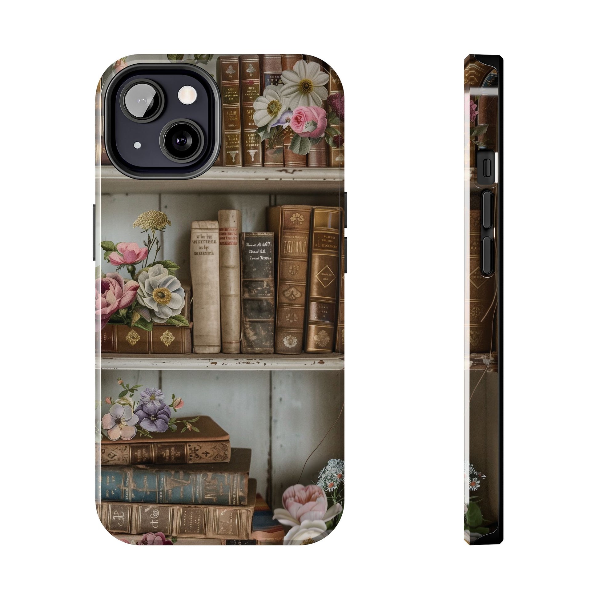 Vintage Book Stack Cottagecore Phone Case, Books with Floral Decor, Leather & Cloth Fliral iPhone Case, Pastel Roses Daisies Wildflowers