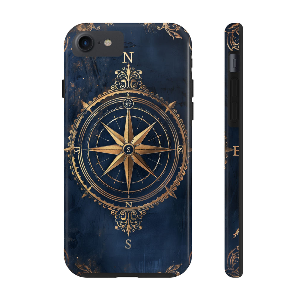 Golden Compass Rose Phone Case, Dark Blue Nautical Design, Unique Maritime Smartphone Cover, Stylish Accessory, Perfect for Travel Lovers