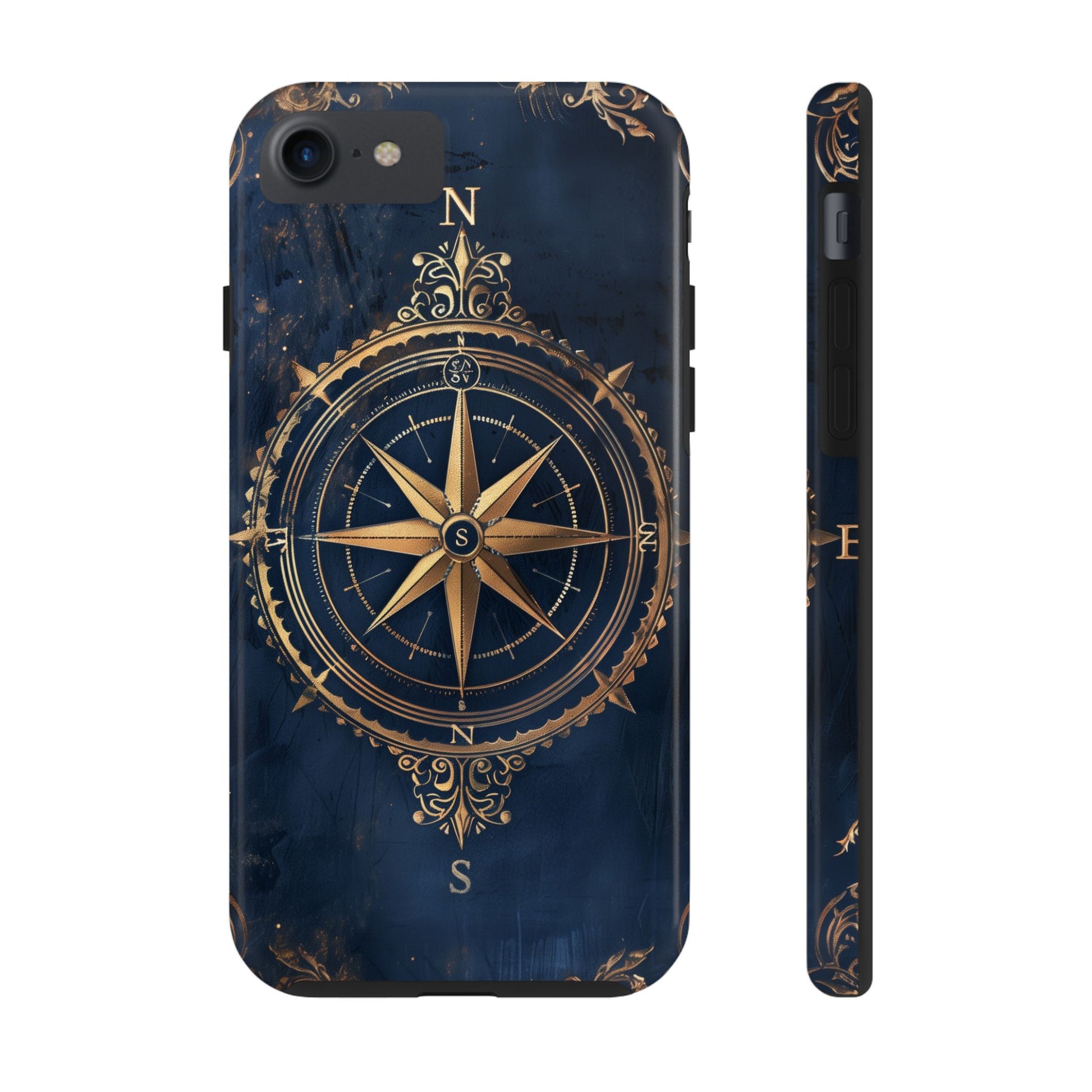 Golden Compass Rose Phone Case, Dark Blue Nautical Design, Unique Maritime Smartphone Cover, Stylish Accessory, Perfect for Travel Lovers