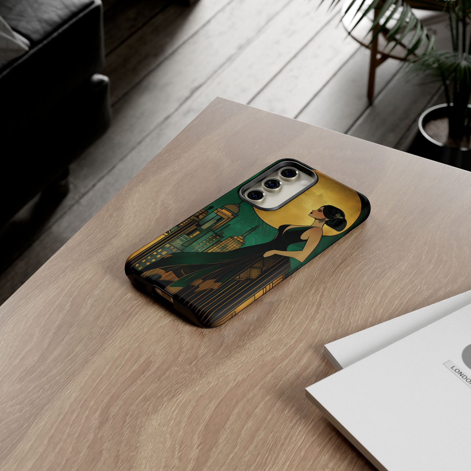 Custom Art Deco Flapper Woman Phone Case 1920s Art Nouveau Design in Emerald & Gold Alphonse Mucha Style Gatsby Style Poster