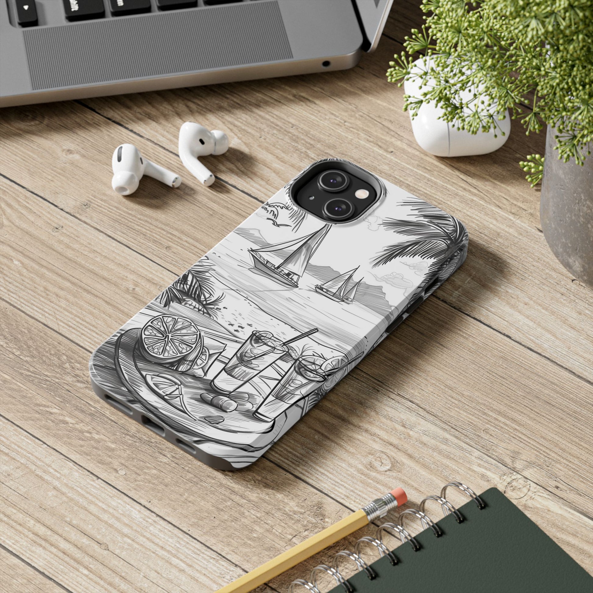 Beach Vibes Phone Case: Hand-Drawn Tiki Drinks & Tropical Paradise Design