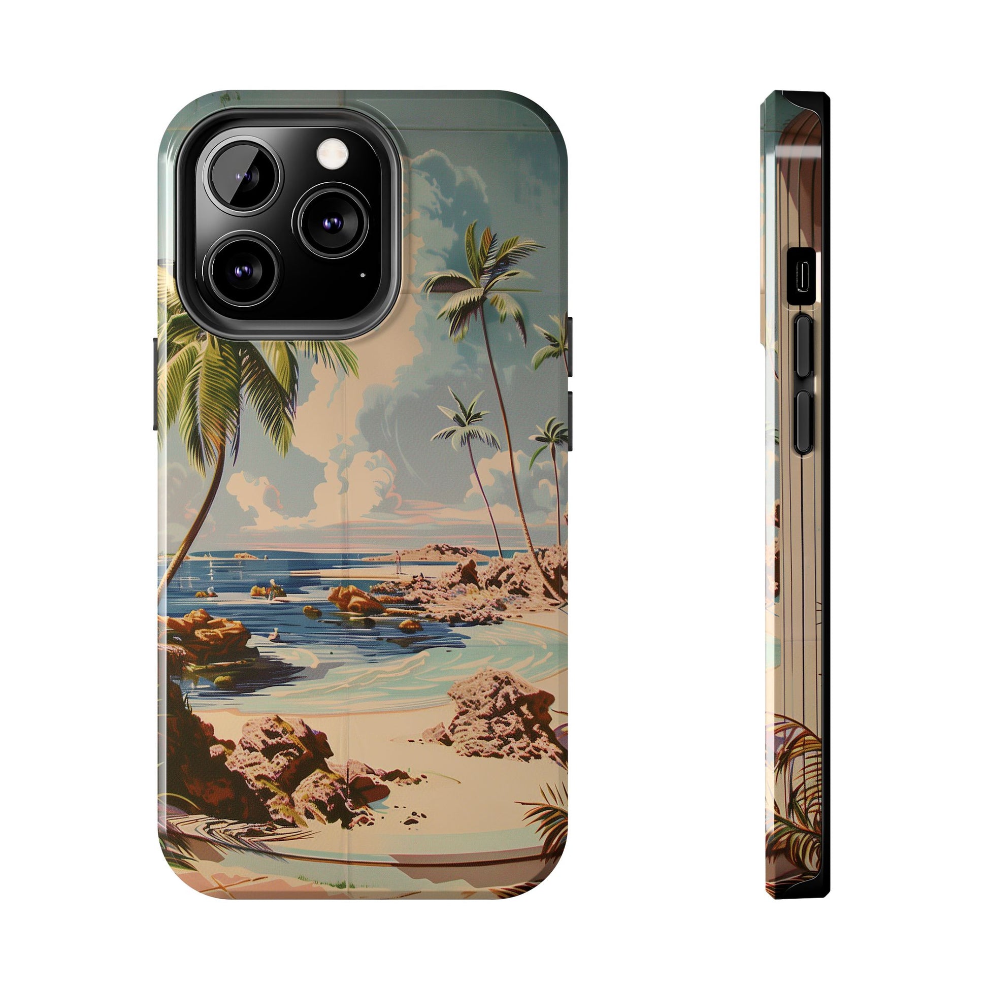 Beach Scene Phone Case Retro Vintage Tropical Ocean Summer Surfing Tiki iPhone 13 14 15 16 Pro Max Galaxy S24