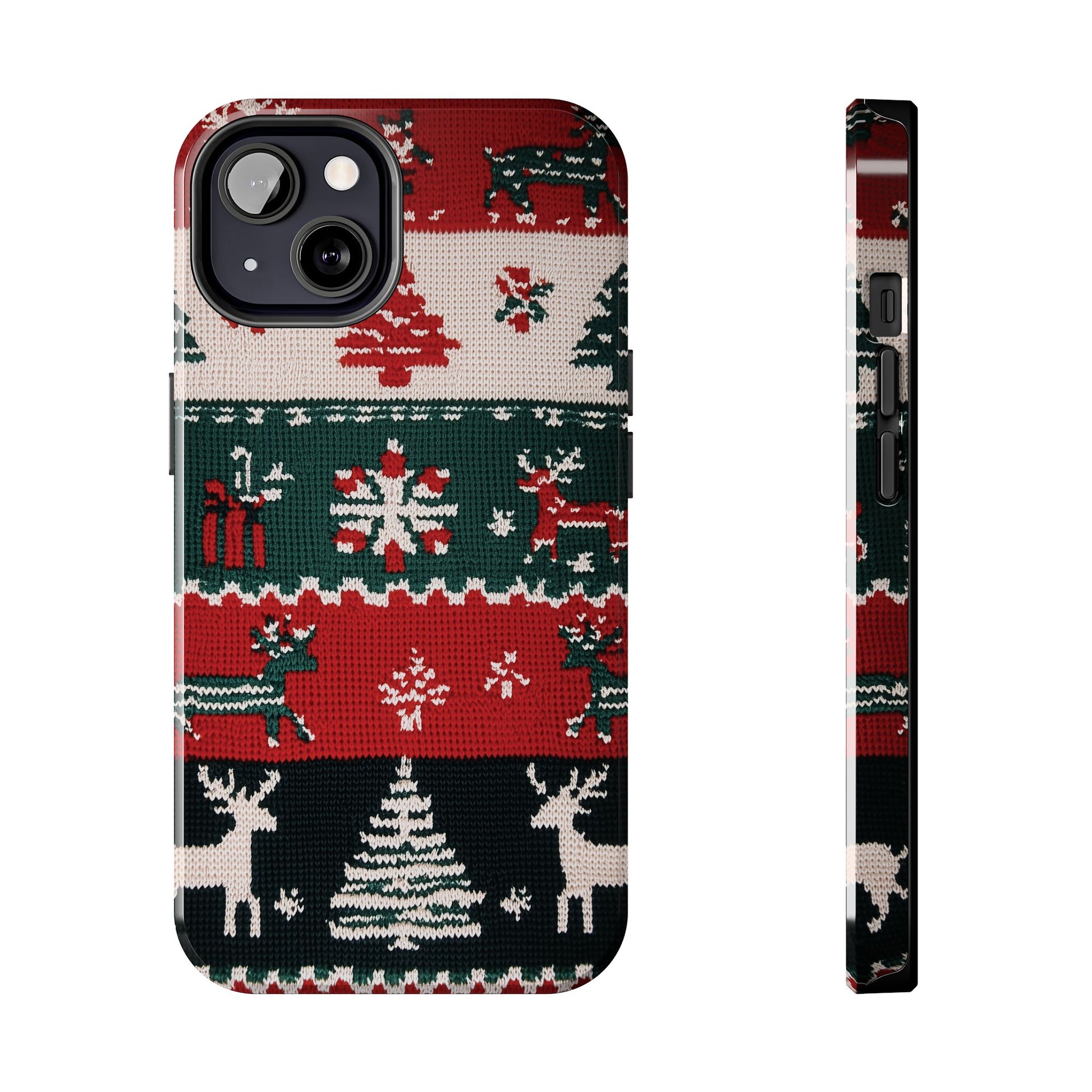 Ugly Christmas Sweater Phone Case Festive 3D Knit Textured Red White Green Holiday Knit Design Tree Reindeer iPhone 13 14 15 16 Pro Max