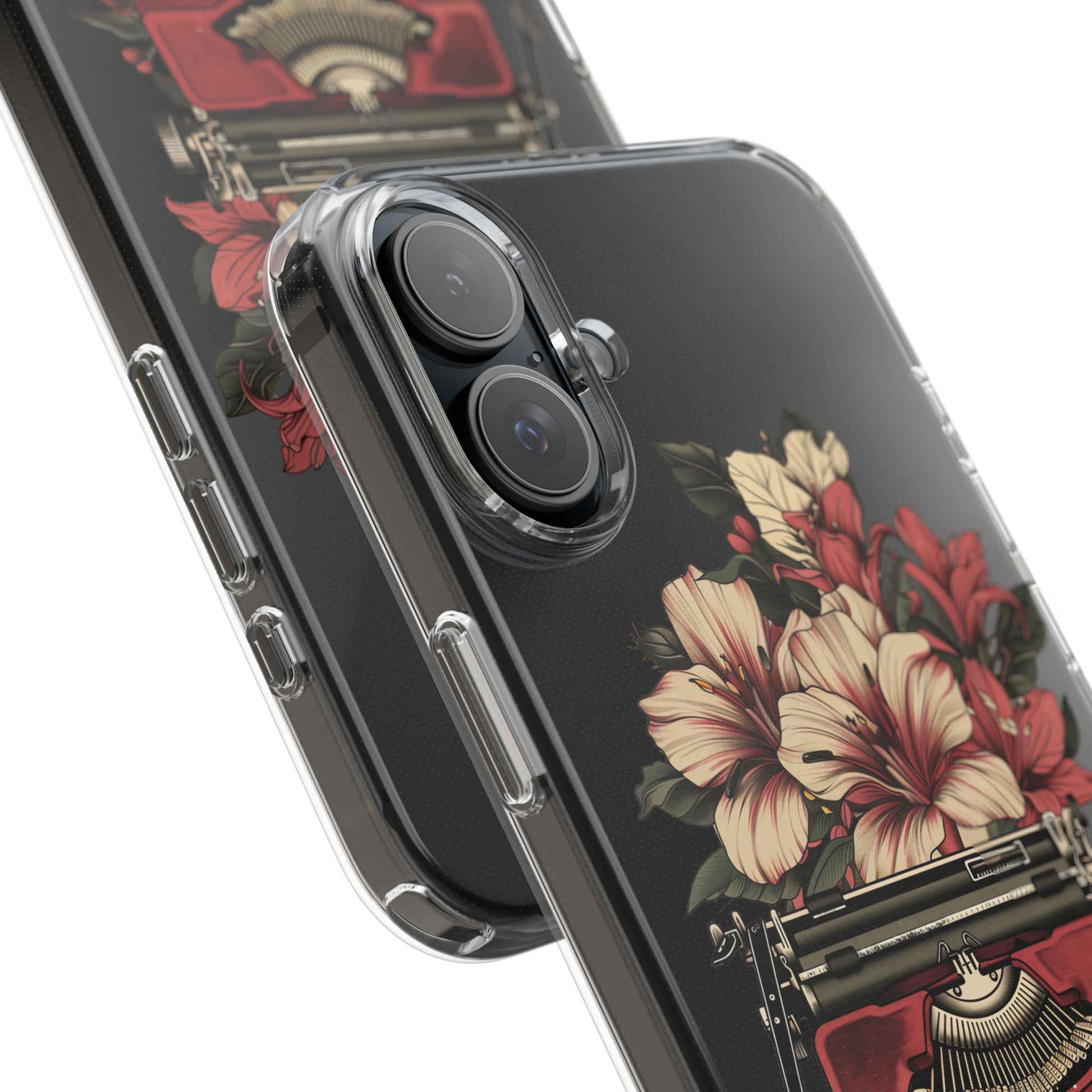 Dark Academia Clear Phone Case Vintage Typewriter Floral Accents Cottagecore Typography Nostalgic Typewriter iPhone 13 14 15 16 Pro Max