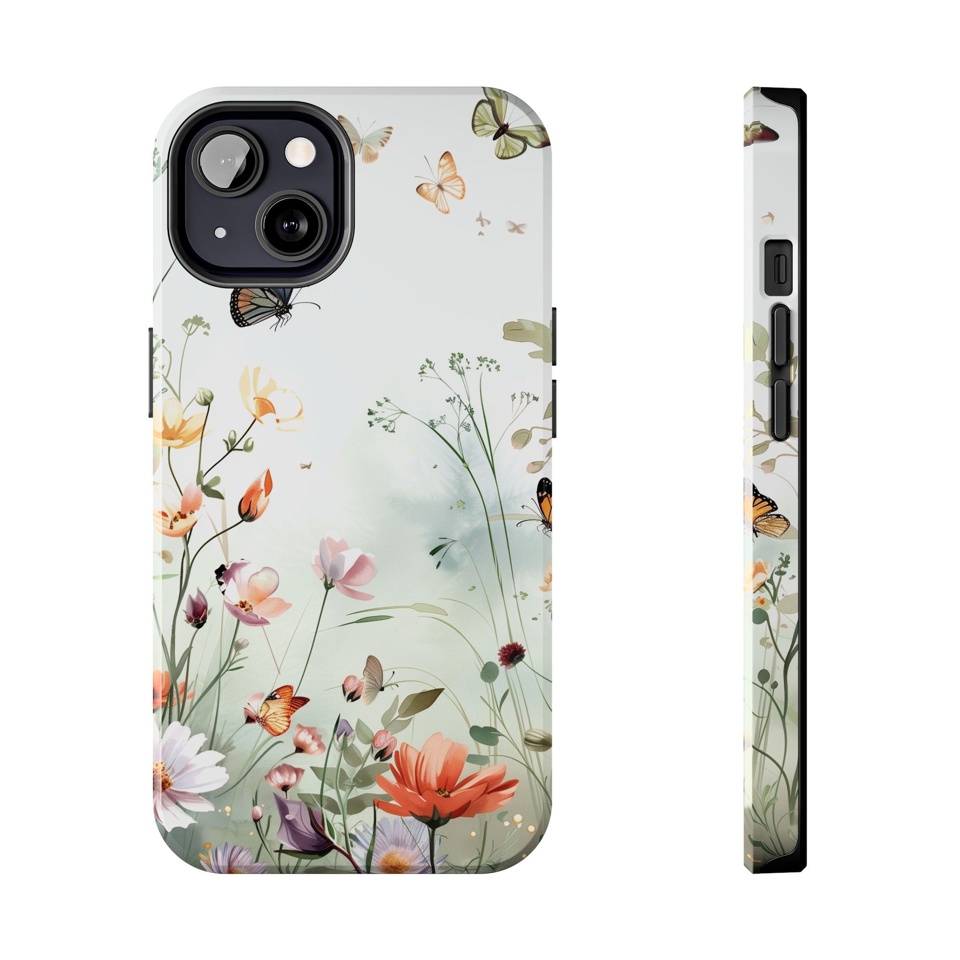 Butterfly Meadow Scene Cottagecore iPhone 15, Pastel Wildflowers & Butterflies, Natural iPhone Case, Cottagecore Garden Case, iPhone 14