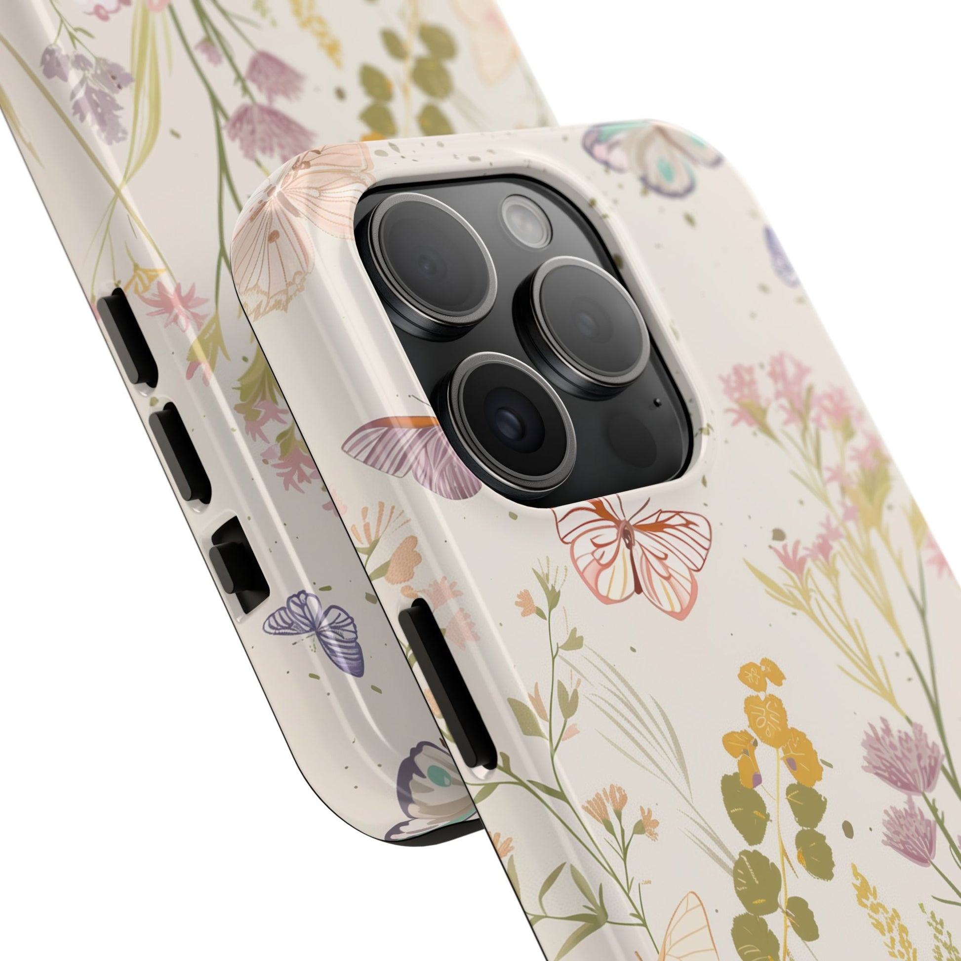 Butterfly Meadow Scene Cottagecore iPhone 15, Pastel Wildflowers & Butterflies, Natural iPhone Case, Cottagecore Garden Case, iPhone 14