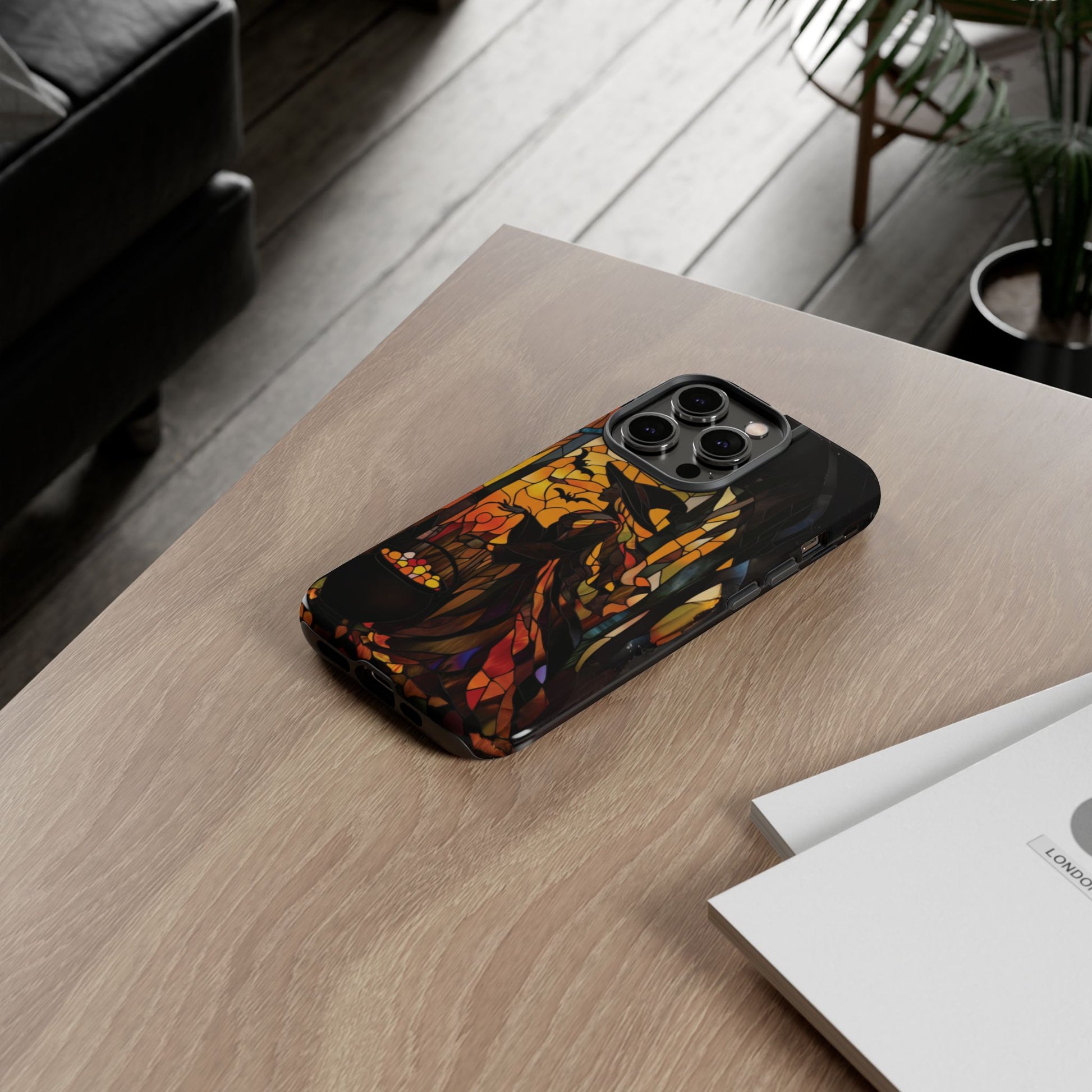 Halloween Witch Stained Glass Effect Dark Academia Spooky Fall Witchy Pumpkin Bats Seasonal Fall Mosaic Case iPhone 13 14 15 16 Pro Max