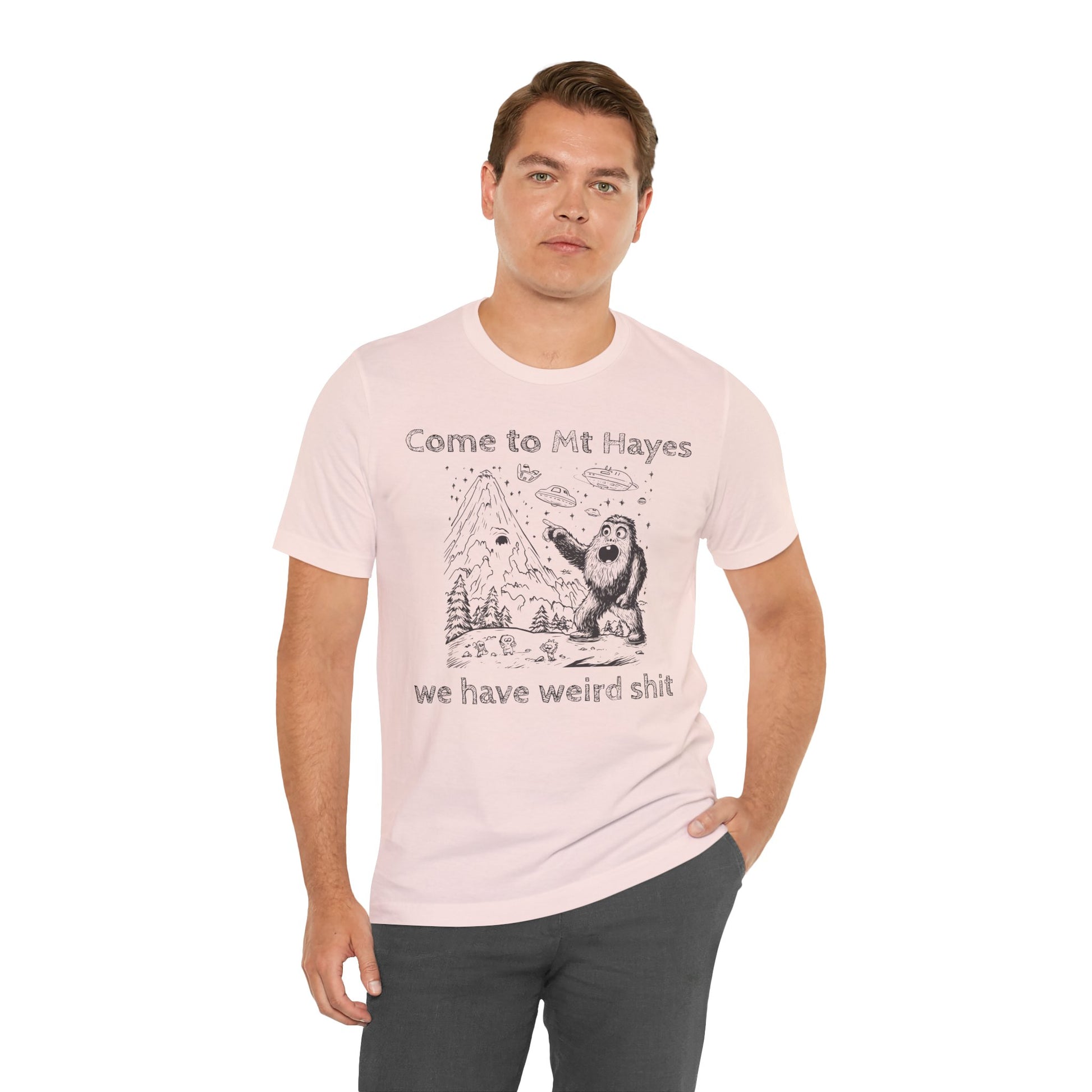Alien Conspiracy Unisex Tee, Bigfoot Mountain Sketch Shirt, UFO Weird Stuff Tshirt, California Men's Top, Space Extraterrestrial Shirt
