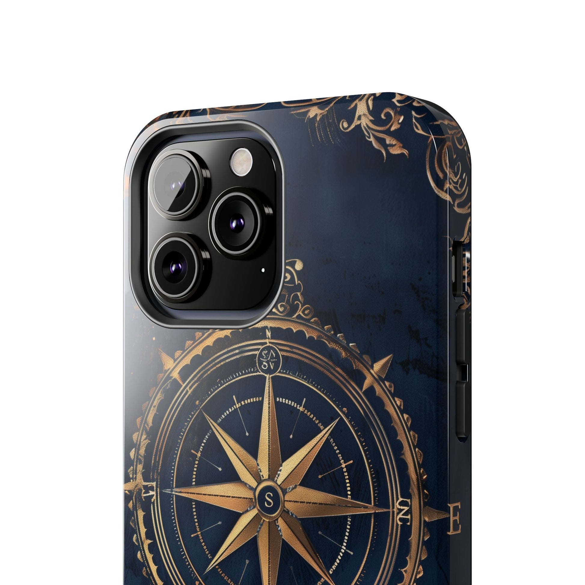 Golden Compass Rose Phone Case, Dark Blue Nautical Design, Unique Maritime Smartphone Cover, Stylish Accessory, Perfect for Travel Lovers