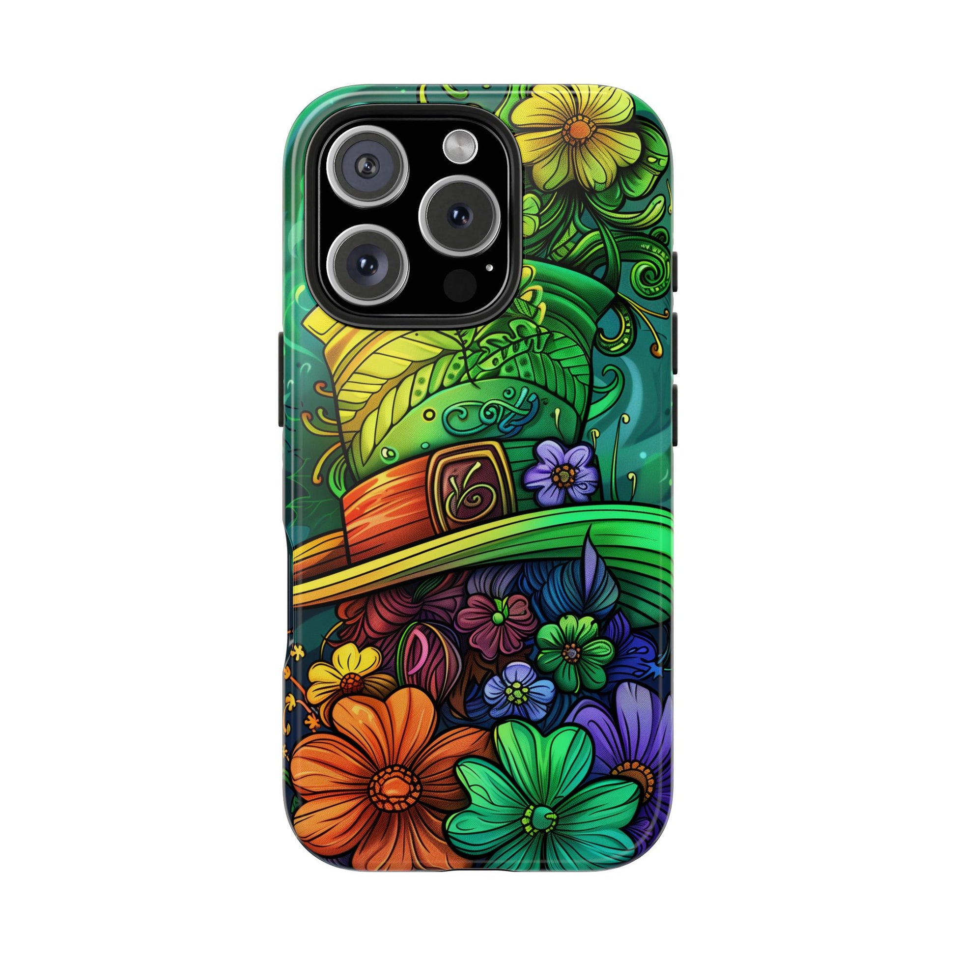 Rainbow St. Patricks Day Good Lucky Phone Case Green Shamrock Protective Tough Durable iPhone 13 14 15 16 Pro Max Plus Galaxy Top Hat Charm