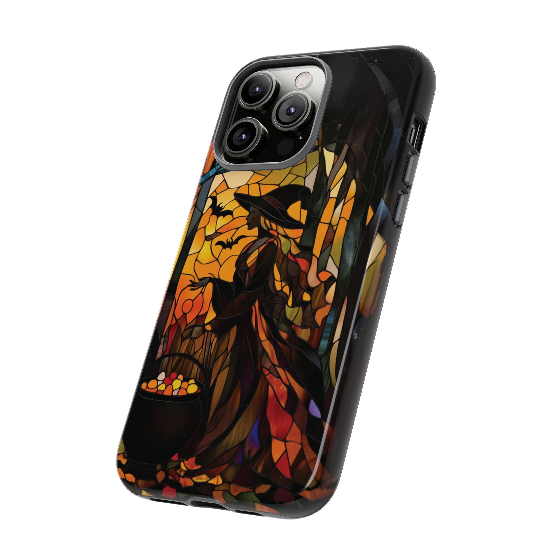 Halloween Witch Stained Glass Effect Dark Academia Spooky Fall Witchy Pumpkin Bats Seasonal Fall Mosaic Case iPhone 13 14 15 16 Pro Max