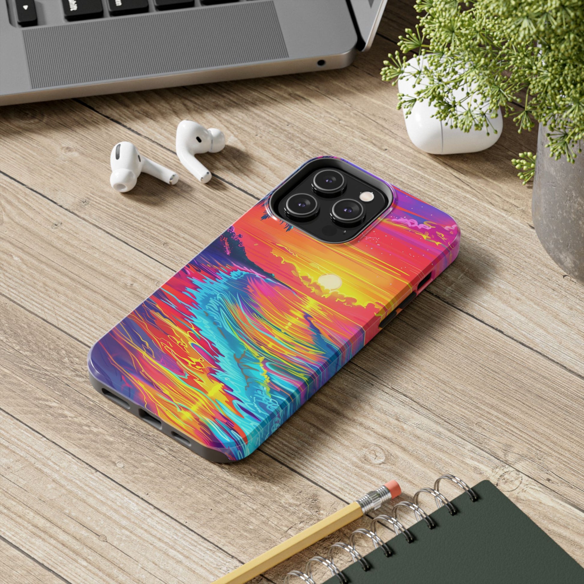 Tough Beach Sunrise Phone Case - Durable Case Lisa Frank Inspired Beach Art - Vibrant Beach Design - Colorful Phone Case for Beach Lovers