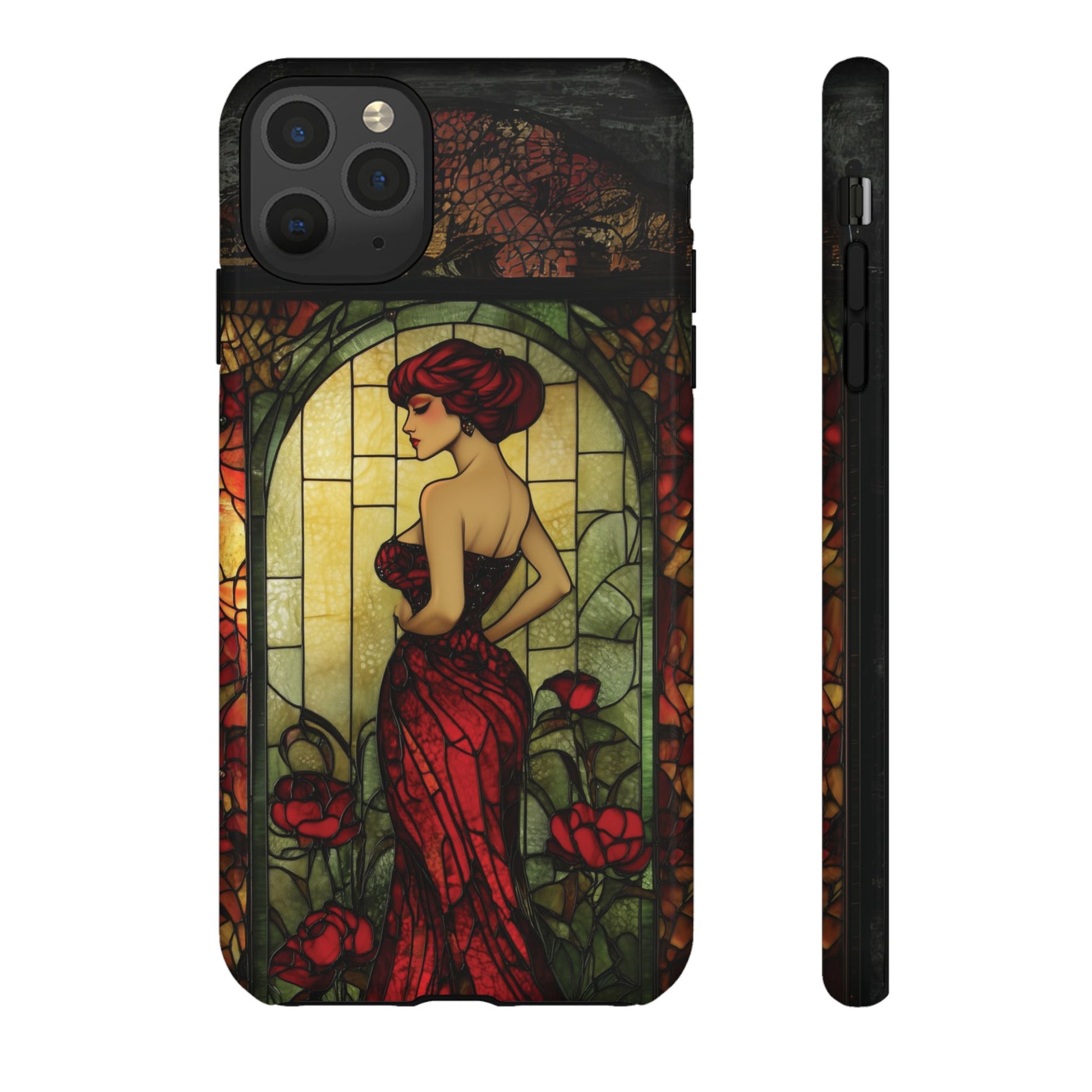 Art Deco Flapper Woman Rose Phone Case 1920s Art Nouveau Design in Red Stained Glass Alphonse Mucha Style Gatsby Style Poster
