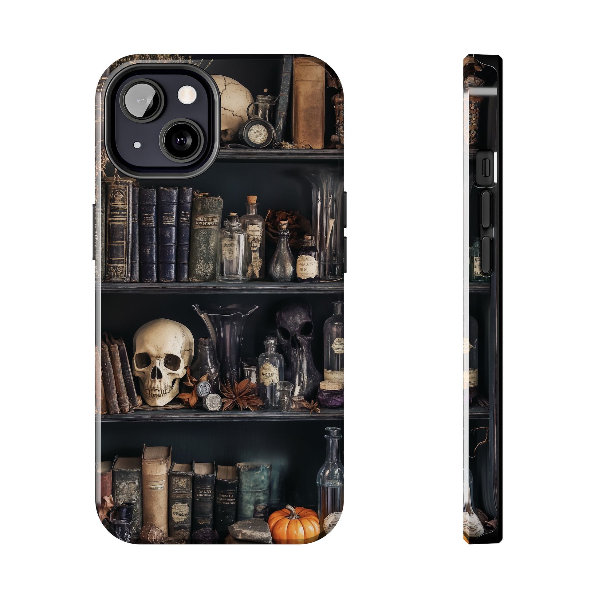 Dark Academia Bookcase Apothecary Goth Skulls floral Black Halloween Pumpkins Samsung Galaxy Apple iPhone 15 Pro Max Case  S24 S23 A