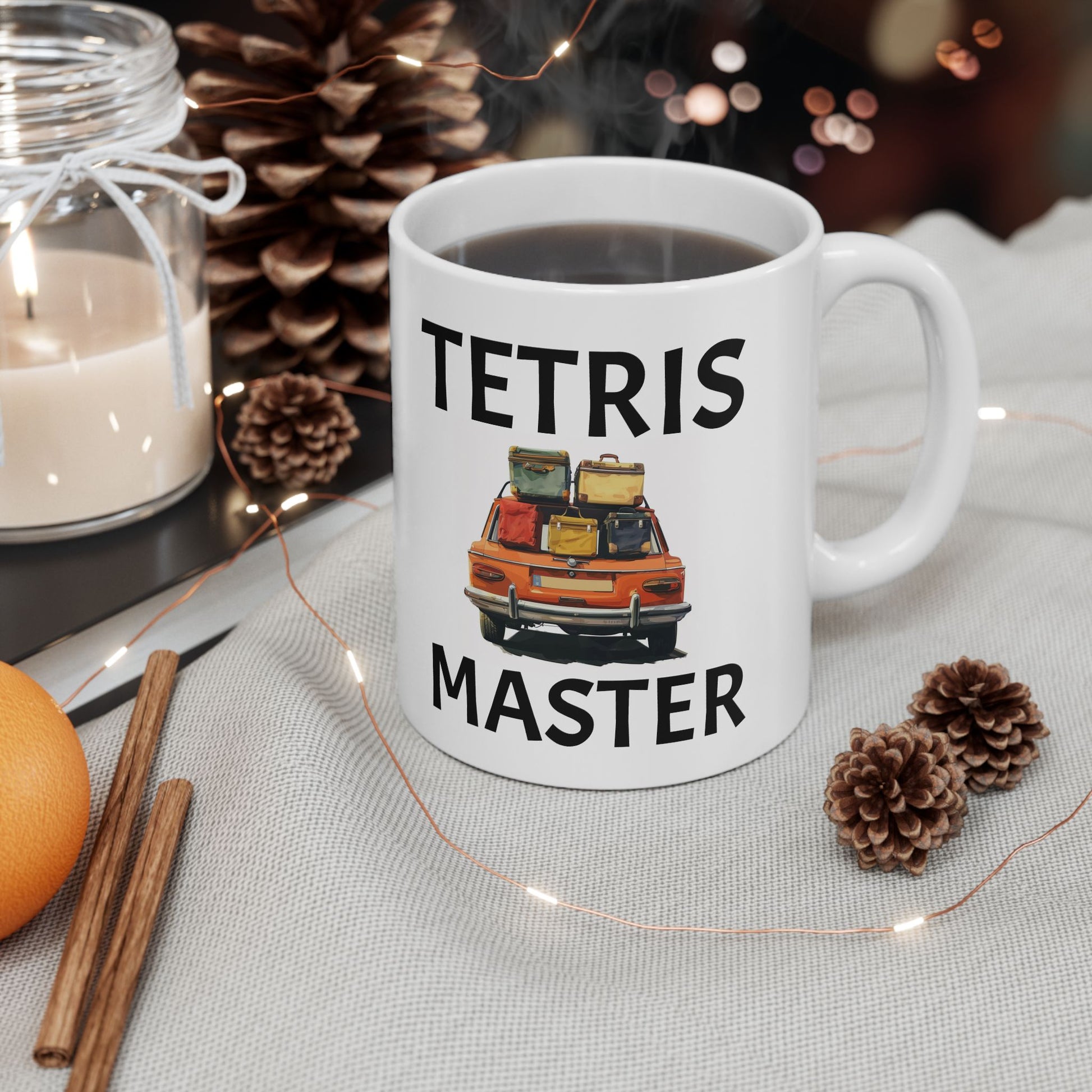 Retro gaming mug featuring Tetris Master text and car trunk image
