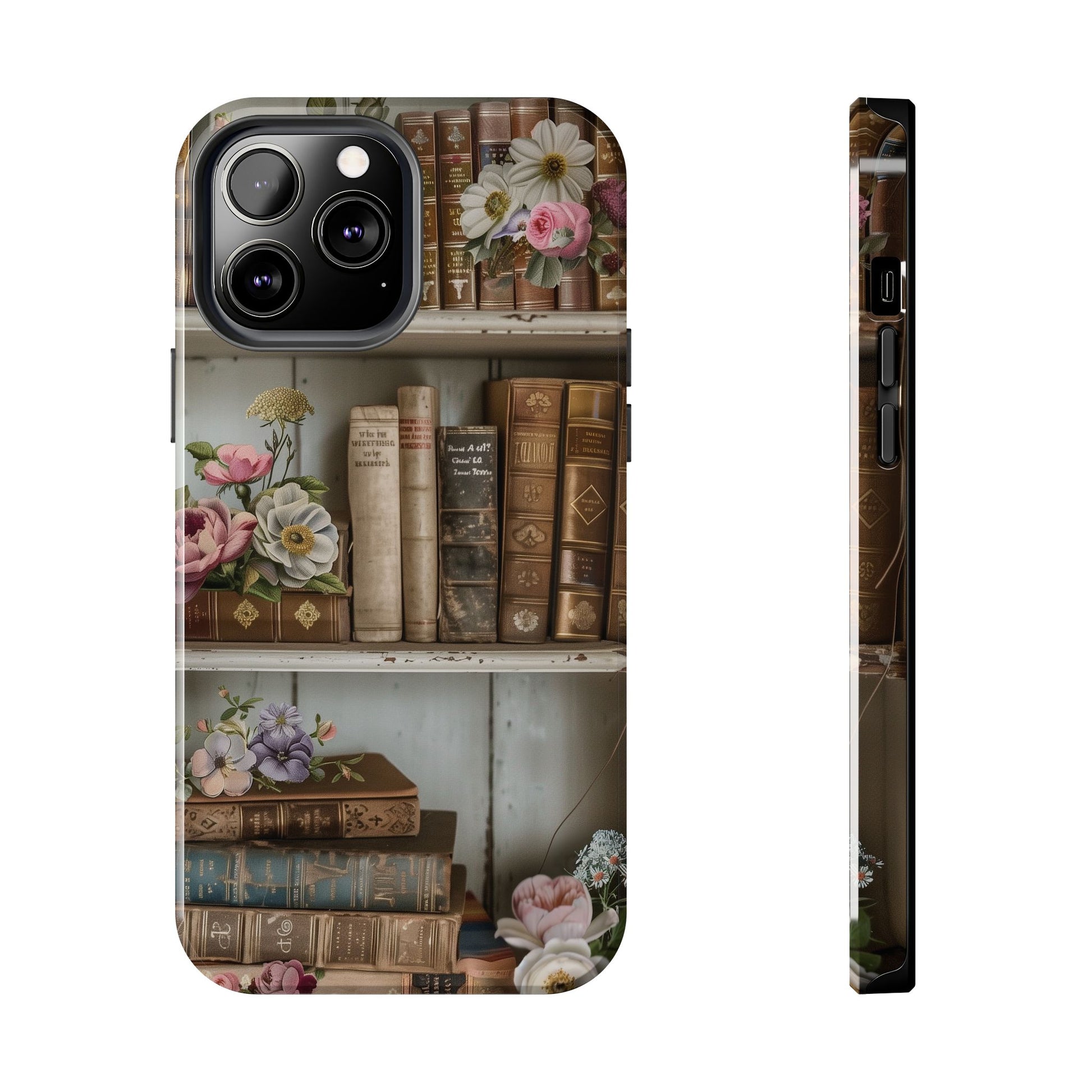 Vintage Book Stack Cottagecore Phone Case, Books with Floral Decor, Leather & Cloth Fliral iPhone Case, Pastel Roses Daisies Wildflowers