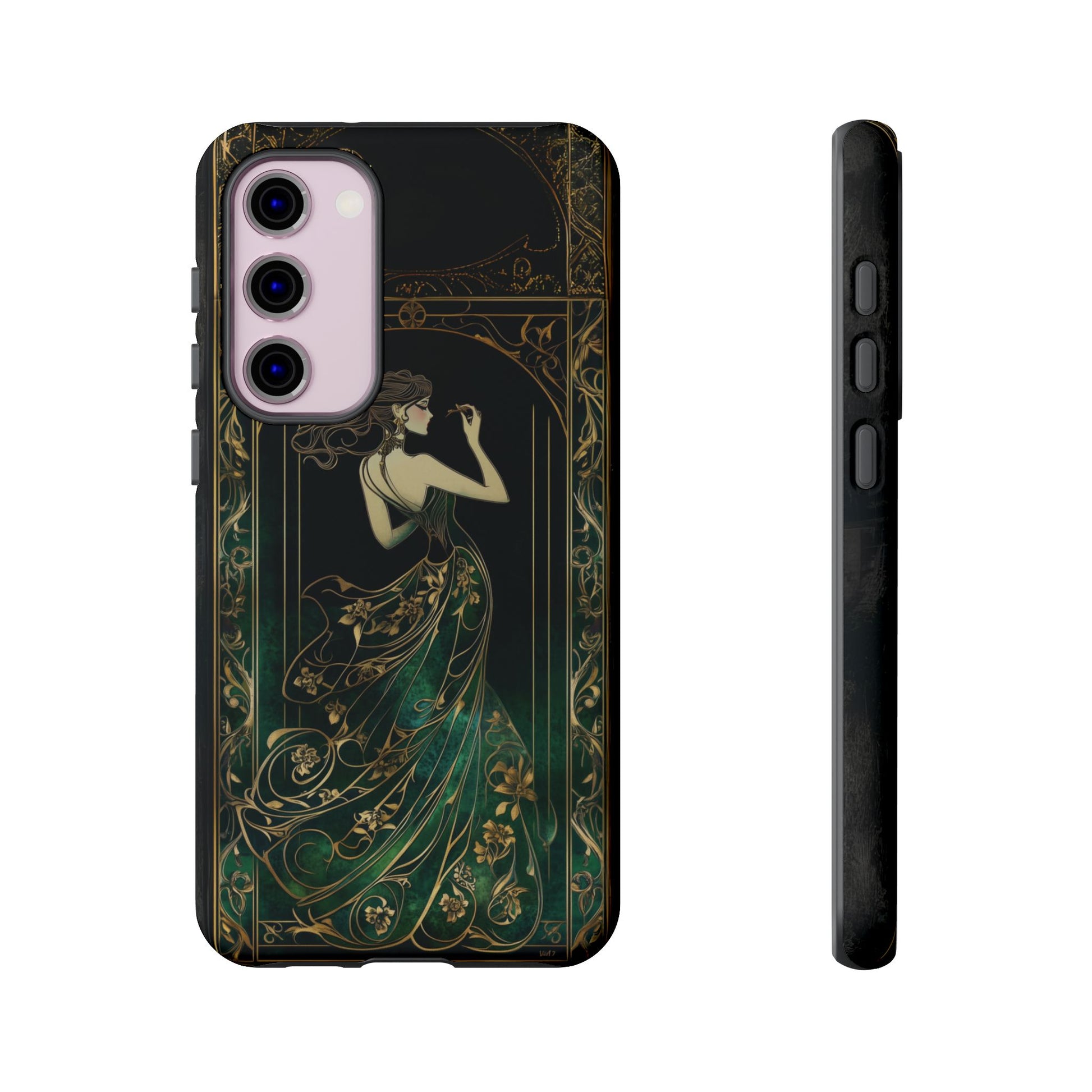 Art Deco Flapper Woman Phone Case 1920s Art Nouveau Design in Emerald & Gold Alphonse Mucha Style Gatsby Style Poster