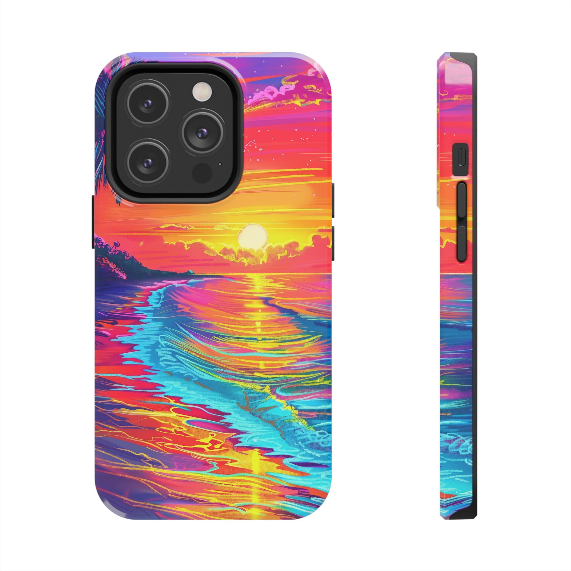 Tough Beach Sunrise Phone Case - Durable Case Lisa Frank Inspired Beach Art - Vibrant Beach Design - Colorful Phone Case for Beach Lovers