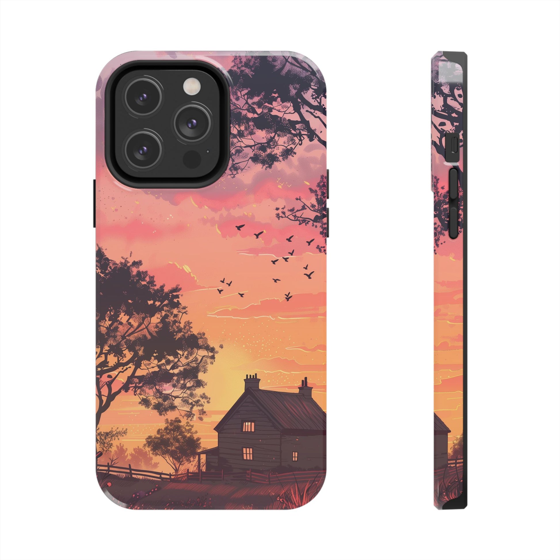 Cottagecore Countryside Sunset Phone Case Cottagecore Aesthetic, Tranquil Pastel Sky Gradient & Silhouette Trees, Whimsical Nature Art Cover