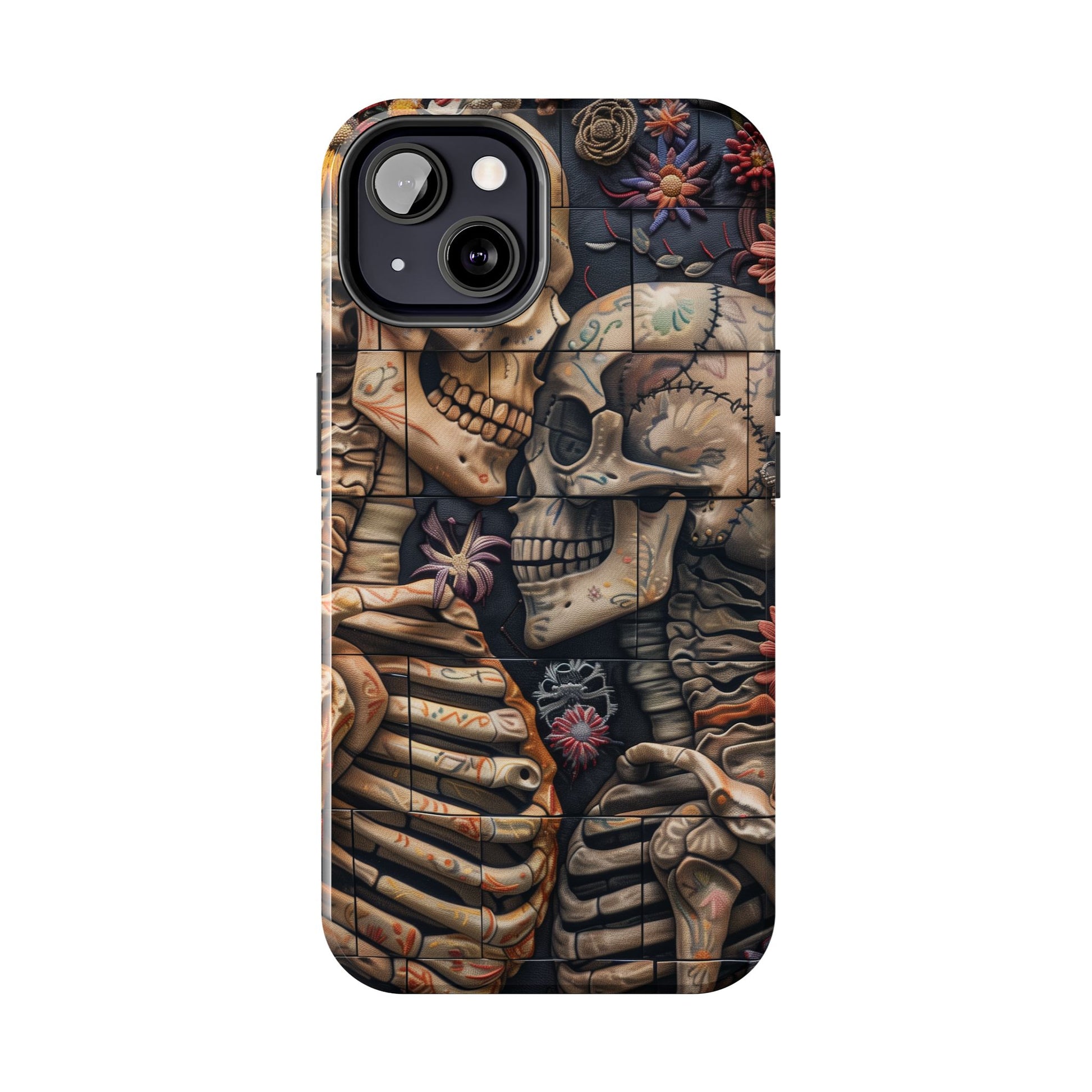 Embroidered Skeletons Phone Case, Flowers and Skulls, Halloween Cottagecore Day of the Dead, iPhone Dia de Los Muertos Gothic