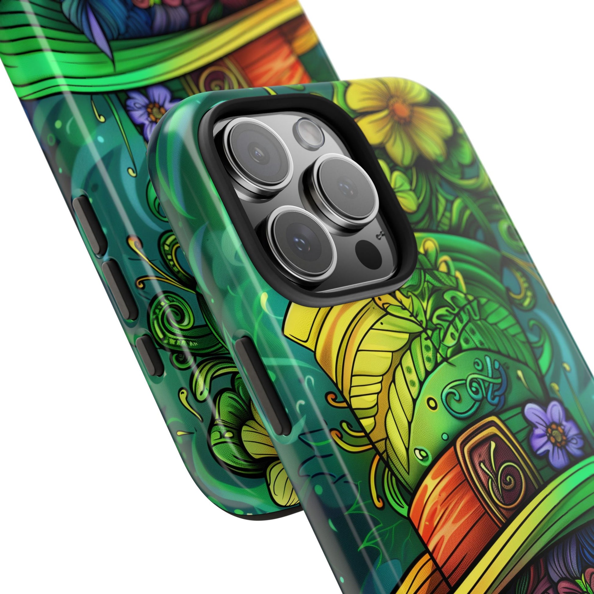 Rainbow St. Patricks Day Good Lucky Phone Case Green Shamrock Protective Tough Durable iPhone 13 14 15 16 Pro Max Plus Galaxy Top Hat Charm
