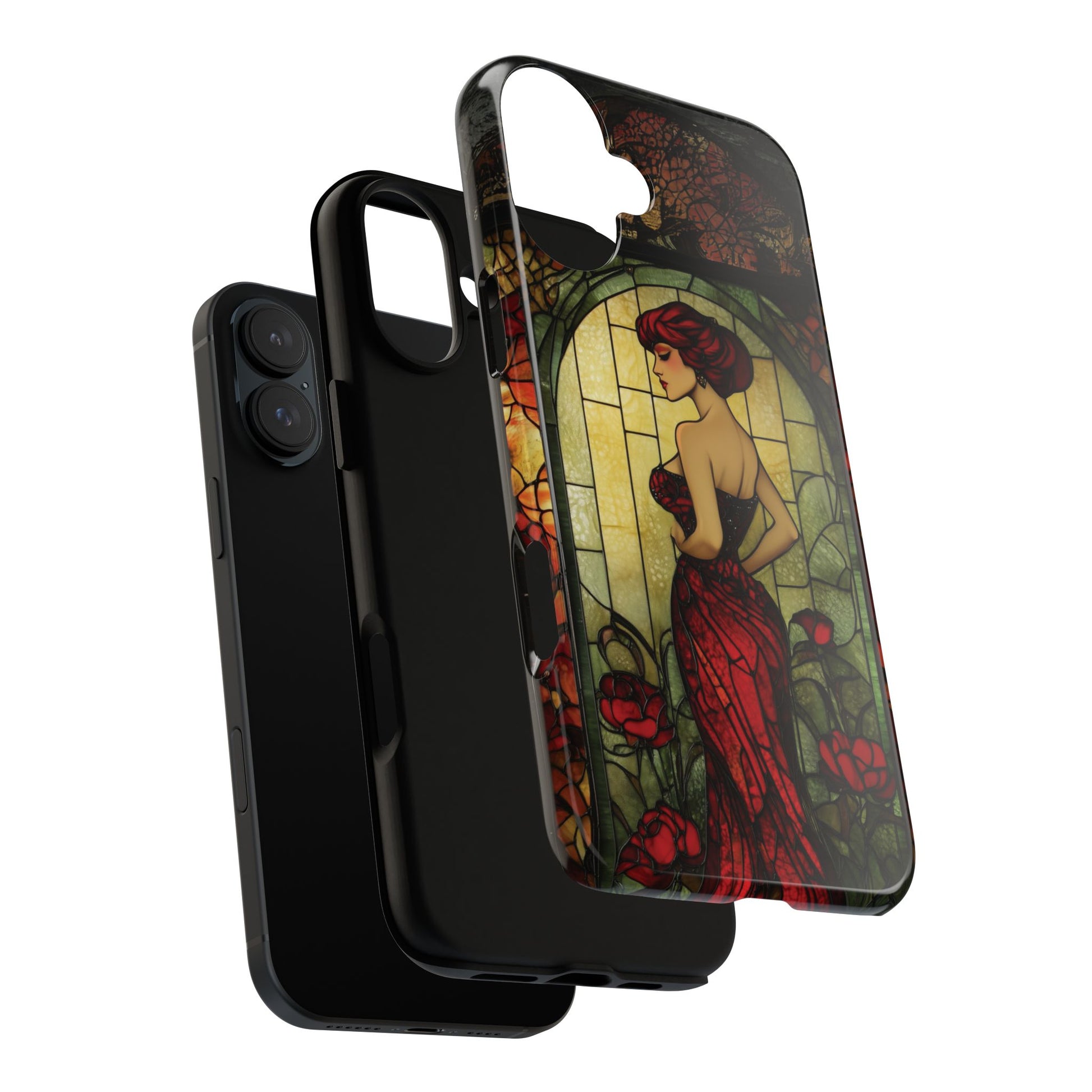 Art Deco Flapper Woman Rose Phone Case 1920s Art Nouveau Design in Red Stained Glass Alphonse Mucha Style Gatsby Style Poster